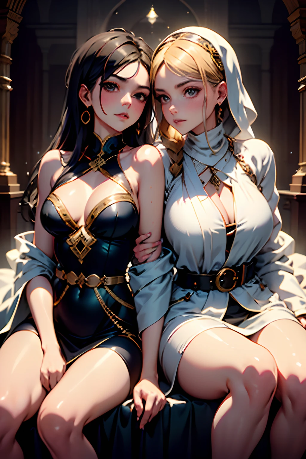 Mavtan Moroccan Islamic surreal super detail,model shoot,two girls sitting together,duo,Dynamic pose,leering,(Dream belt,Dream robes,Fantastic ribbons),Hug and touch each other,Biting a friend's earlobe, Hug each other from behind, Touch your friend's chest from below,