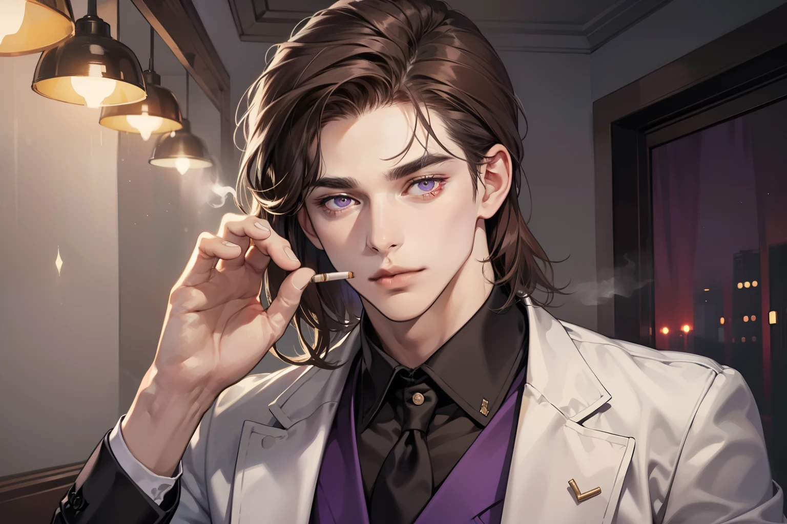 Masterpiece, Best Quality, Realistic, 1male, mature male, A quiet and charming young man, 25 years, serious look, extremely detailed face, ((dark purple eyes)), ((Long dark brown hair)), [thick eyebrows],  ((The head of the mafia)), Cinematic lighting, looking at the audience, Cigarette in hand, Dark formal suit