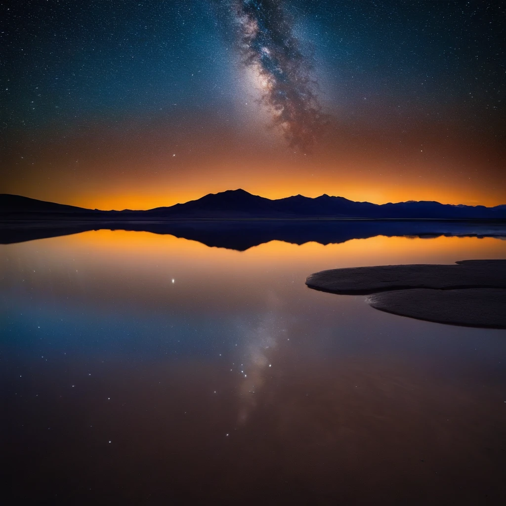 Beautiful pictures of the starry sky、magnifica、milkyway:1.25、Large body of water with clouds in the sky, At Salar de Uyuni, Amazing reflections of the sky, Incredible reflections, beautiful reflection, stunning photo, epic and stunning, Crossing the horizon