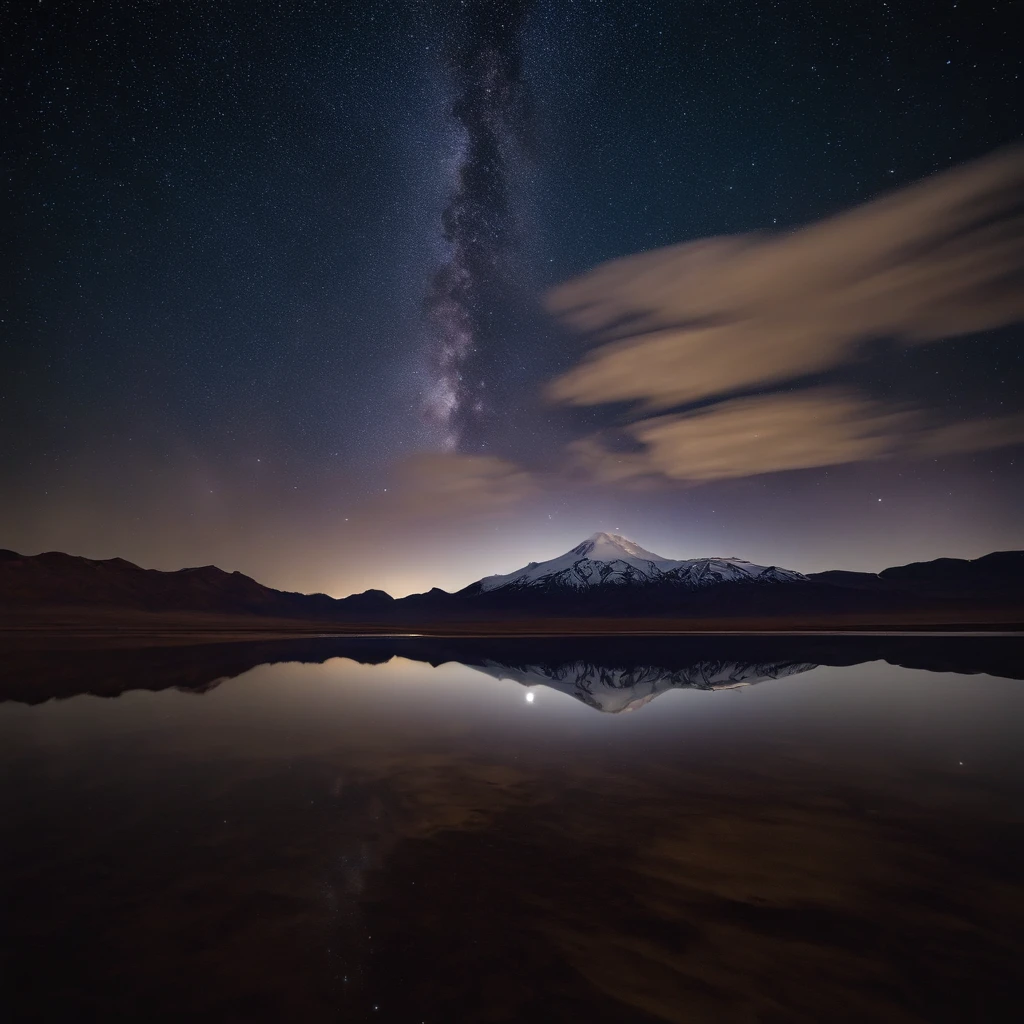Beautiful pictures of the starry sky、magnifica、milkyway:1.25、Large body of water with clouds in the sky, At Salar de Uyuni, Amazing reflections of the sky, Incredible reflections, beautiful reflection, stunning photo, epic and stunning, Crossing the horizon