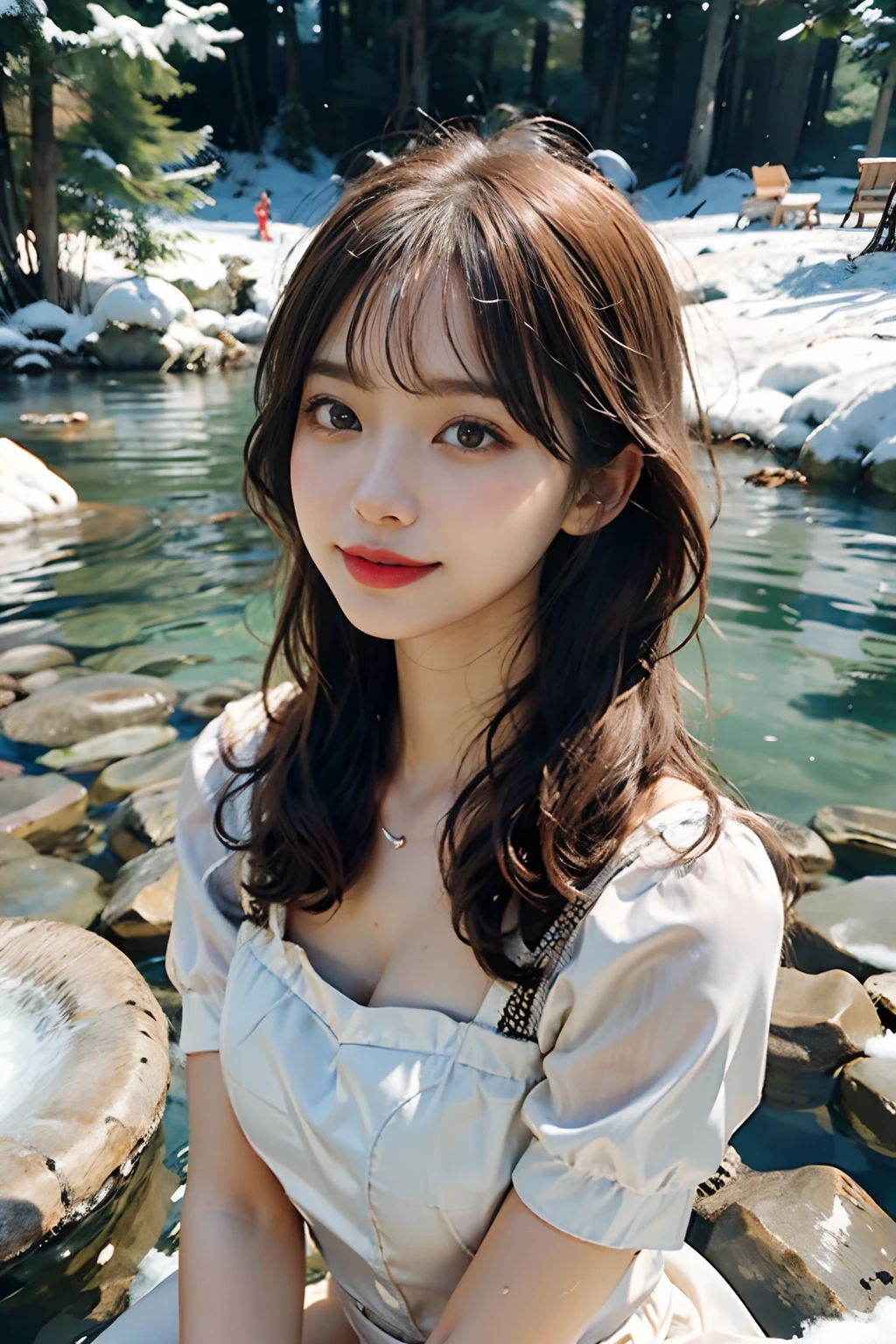 Japan Solo Idol,Pretty girl,A smile that makes the viewer happy,Light brown and orange two-tone shorthair,Floating hair,Unkempt hair,Red cheeks,red lipsticks,(Sunlight,In the deep mountains,Rock,Snowmelt,Crystal clear water,Beautiful clear stream,)Bend over to play in the water.snow-white summer dress with big swaying breasts,(The whole body is soaking wet,Soaking wet costumes ,wetting hair,Wet face,a wet body,Wet and glowing skin,), (masutepiece,top-quality,Ultra-high resolution output image,)