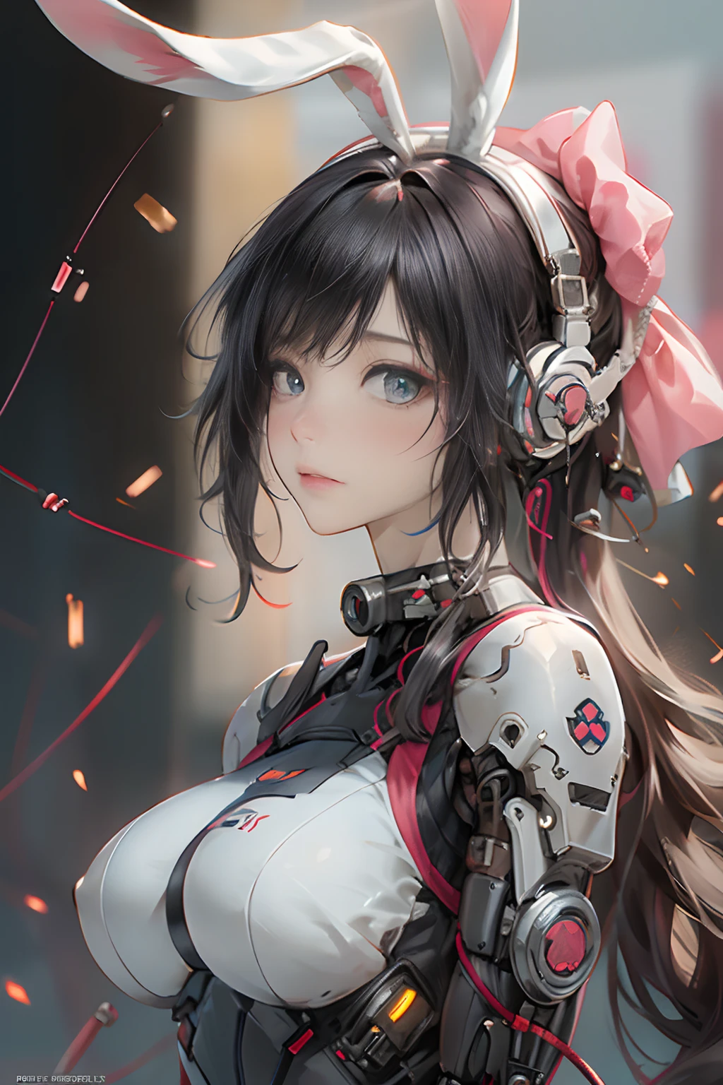 ((beste-Qualit)),Fille cyborg dans le style cyborg,cheveux gris,Coiffure longue queue de cheval,Wear headphones in the shape of rabbit ears and a gas mask,The gas mask has a green light on the surface,dressed in a white suit,There are long strips of pink light on clothes,yeux roses,(Gant noir)gros seins, generous breast, The left hand is a mechanical prosthesis,The main body is connected by wires and pipes, ((tmasterpiece)), (The detail:1.4), 3d, A beautiful cyberpunk female image,Hdr(HighDynamicRange),Ray Tracing,NVIDIA RTX,Super-Resolution,Unreal 5,Diffusion souterraine、PBR Texture、Post-traitement、Anisotropy filtering、profondeur de champs、Maximum definition and sharpness、Textures multicanaux、Albedo e mapas Speculares、Coloration de surface、precise simulation of light-material interactions、Proportions parfaites、Rendu octane、two-color light、Grande ouverture、ISO faible、Balance des blancs、the rule of thirds、8K RAW、
