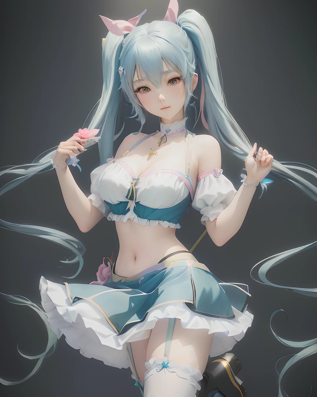 anime girl with long hair and blue dress holding a pink flower, mikudayo, seductive anime girl, anime girl with teal hair, cute anime waifu in a nice dress, render of a cute 3d anime girl, pixiv 3dcg, guweiz, anime styled 3d, anime style 4 k, guweiz on pixiv artstation
