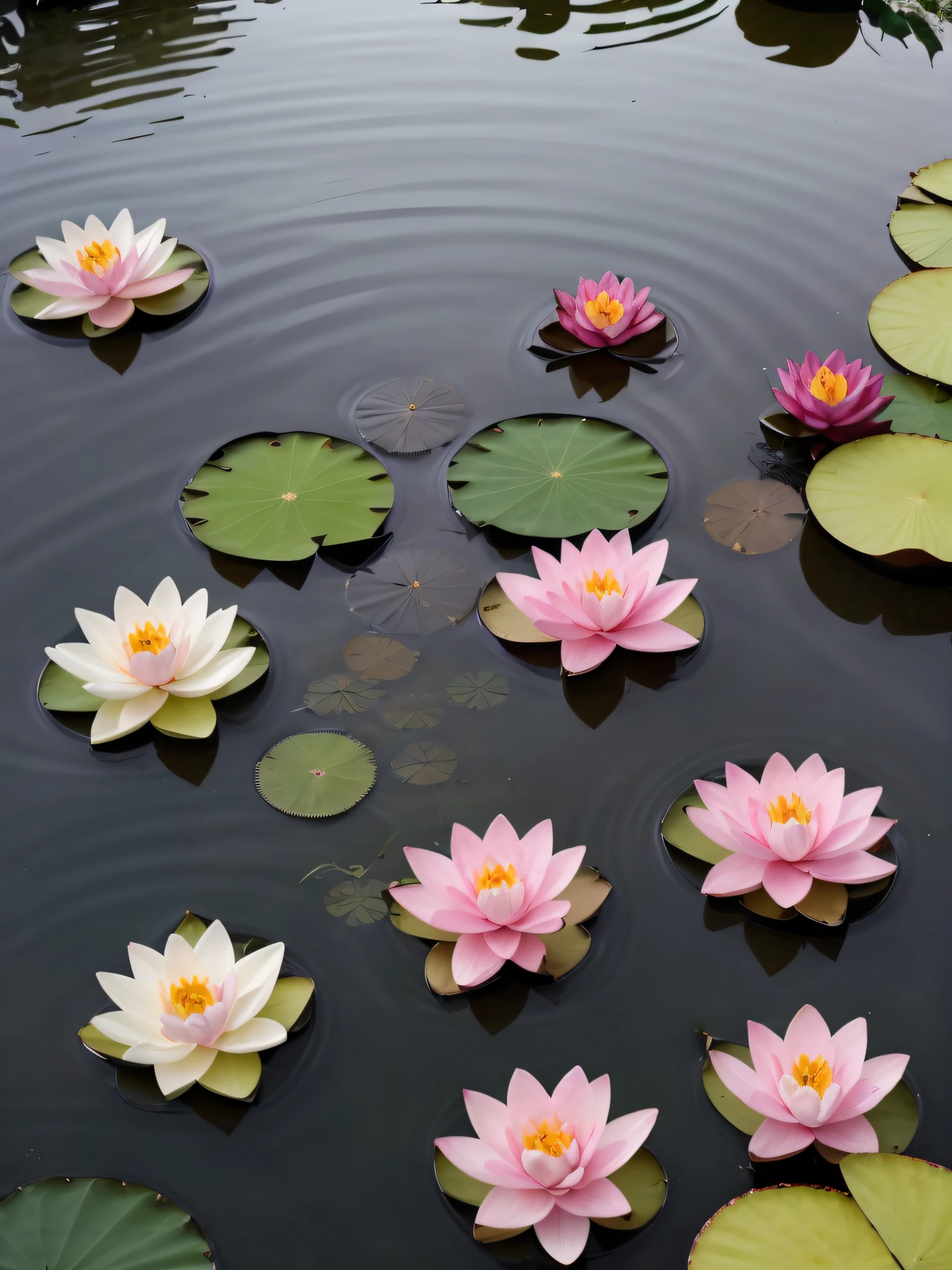 There are realistic lotus flowers in the pool next to the temple, lotuses, lotuses, lotus flowers on the water, Lotus pond, lotus petals, water lilies, standing gracefully upon a lotus, water lily mat, serene colors, waterlily pond, with lotus flowers, water lily mat, details and vivid colors, Pink Lotus Queen, lillis, water lilies