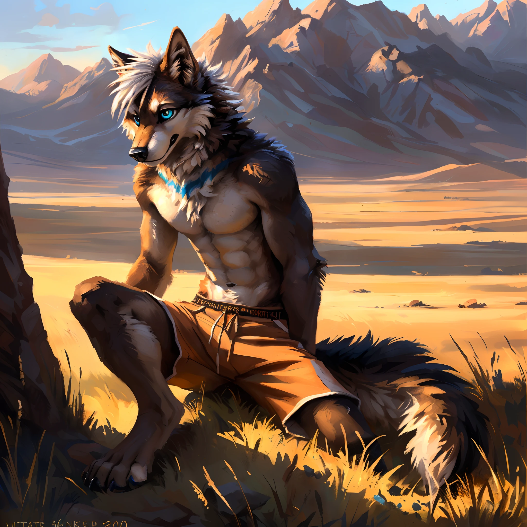 ultra-detailed, masterpiece, masterwork, high quality, best quality, hdr, (nature, sand), posted on e621, (by hioshiru), nsfw, male, solo, (little body anubis), canine, (nude), (long silver hair, yellow eyes), sitting, dynamic angle, ((micropenis, foreskin, perfect balls))