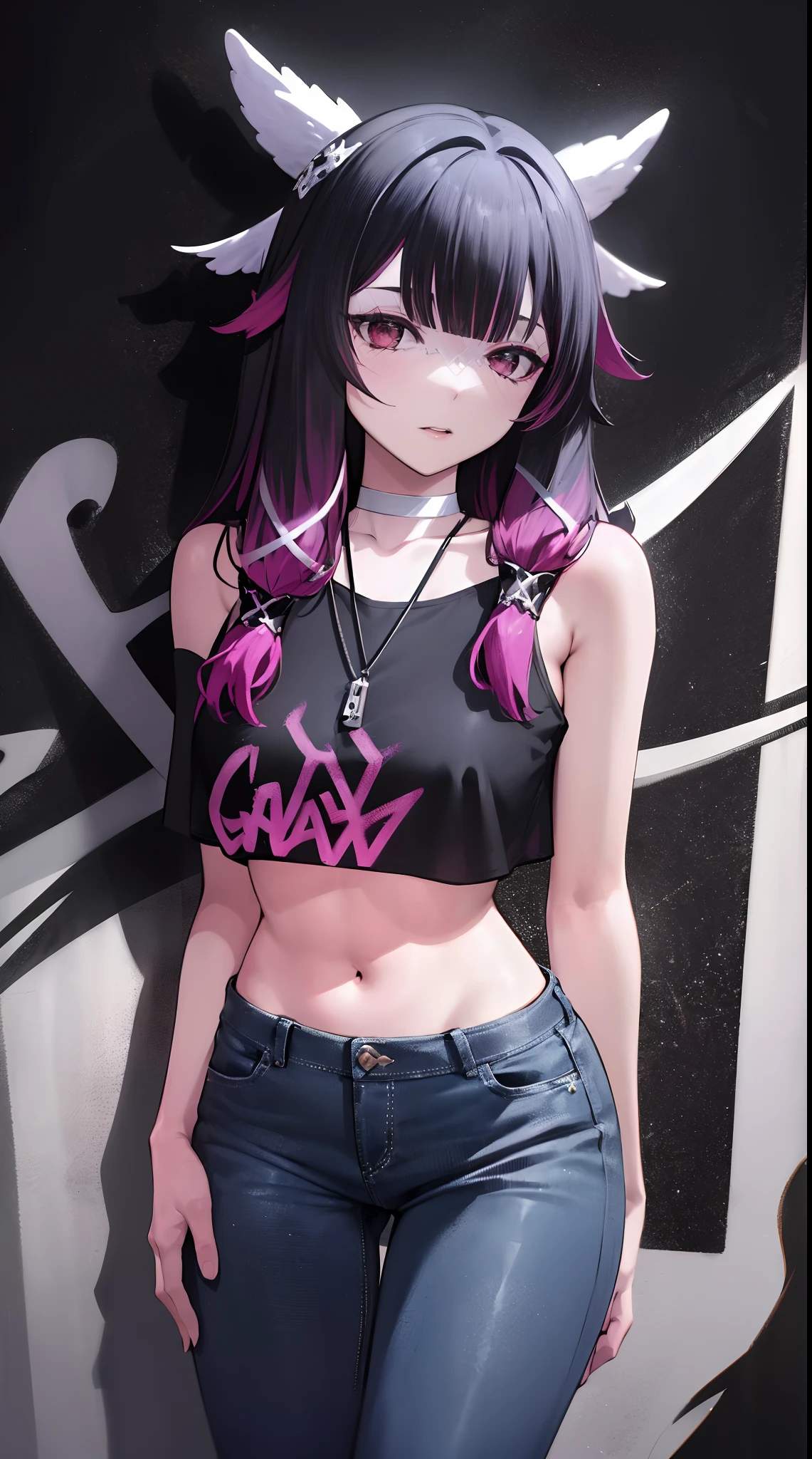 Columbuna | genshin impact, master-piece, bestquality, 1girls,25 years old, proportional body, elongated legs, Beautiful, proportional., crop top, Long Jeans, mediuml breasts, ,bara, crop top, choker, (Graffiti:1.5), Splash with purple lightning pattern., arm behind back, against wall, View viewers from the front., Thigh strap, Head tilt, bored,(NSTDA.:1.2), (10, beste-Qualit, master-piece: 1.4), Beautiful red hair, ultra-high resolution, (lifelike, photorealistic portrait: 1.48), 20 age, Cute Girl, (Looking Through Crop Tops.), Famous Japanese actors, beautiful clear eyes, Head tilt, cowboy shot, from the front, looking at the audience, expressionless, Beautiful lake, Zeiss 150mm F/ 2.8 Hasselblad,  Whole body, foot, Ultra-Wide Angle,