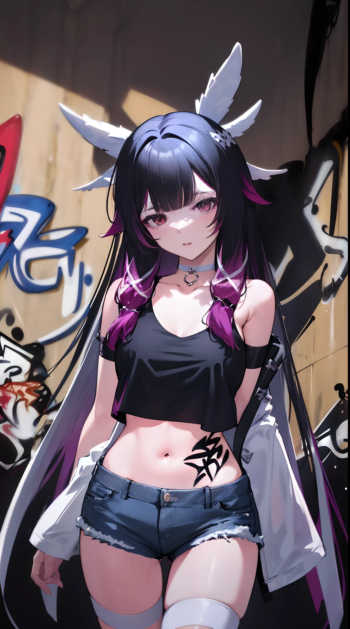 Columbuna | genshin impact, master-piece, bestquality, 1girls,25 years old, proportional body, elongated legs, Beautiful, proportional., crop top, Long Jeans, mediuml breasts, ,bara, crop top, choker, (Graffiti:1.5), Splash with purple lightning pattern., arm behind back, against wall, View viewers from the front., Thigh strap, Head tilt, bored,(NSTDA.:1.2), (10, beste-Qualit, master-piece: 1.4), Beautiful red hair, ultra-high resolution, (lifelike, photorealistic portrait: 1.48), 20 age, Cute Girl, (Looking Through Crop Tops.), Famous Japanese actors, beautiful clear eyes, Head tilt, cowboy shot, from the front, looking at the audience, expressionless, Beautiful lake, Zeiss 150mm F/ 2.8 Hasselblad,  Whole body, foot, Ultra-Wide Angle,