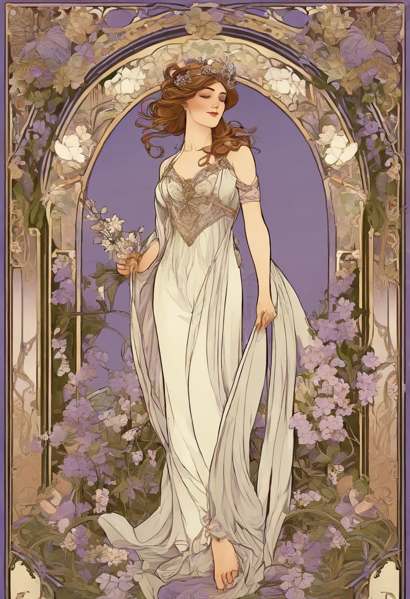 8K.Poster illustration in Alphonse Mucha style, Flat painting, Beautiful western woman in lilac ankle-length long dress, Emmawatoso,holding a bouquet of white lilies,Full body like,slenderbody,barefoot,Art Nouveau, Plants in the background, nffsw, masutepiece, Alfonse Mucha, high details