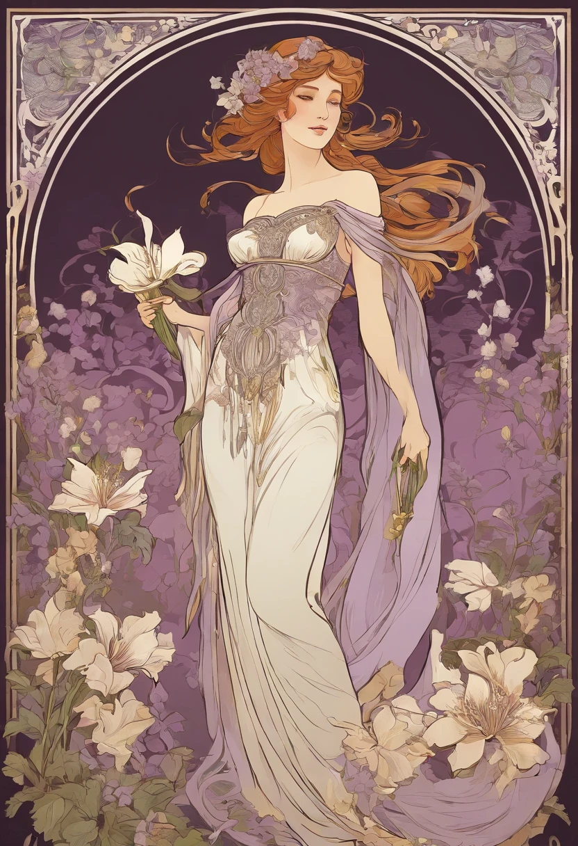 8K.Poster illustration in Alphonse Mucha style, Flat painting, Beautiful western woman in lilac ankle-length long dress, Emmawatoso,holding a bouquet of white lilies,Full body like,slenderbody,barefoot,Art Nouveau, Plants in the background, nffsw, masutepiece, Alfonse Mucha, high details