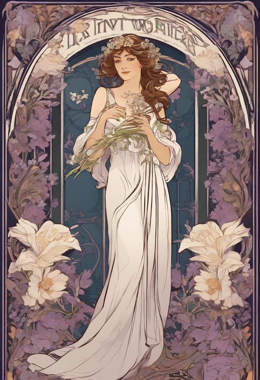 8K.Poster illustration in Alphonse Mucha style, Flat painting, Beautiful western woman in lilac ankle-length long dress, Emmawatoso,holding a bouquet of white lilies,Full body like,slenderbody,barefoot,Art Nouveau, Plants in the background, nffsw, masutepiece, Alfonse Mucha, high details