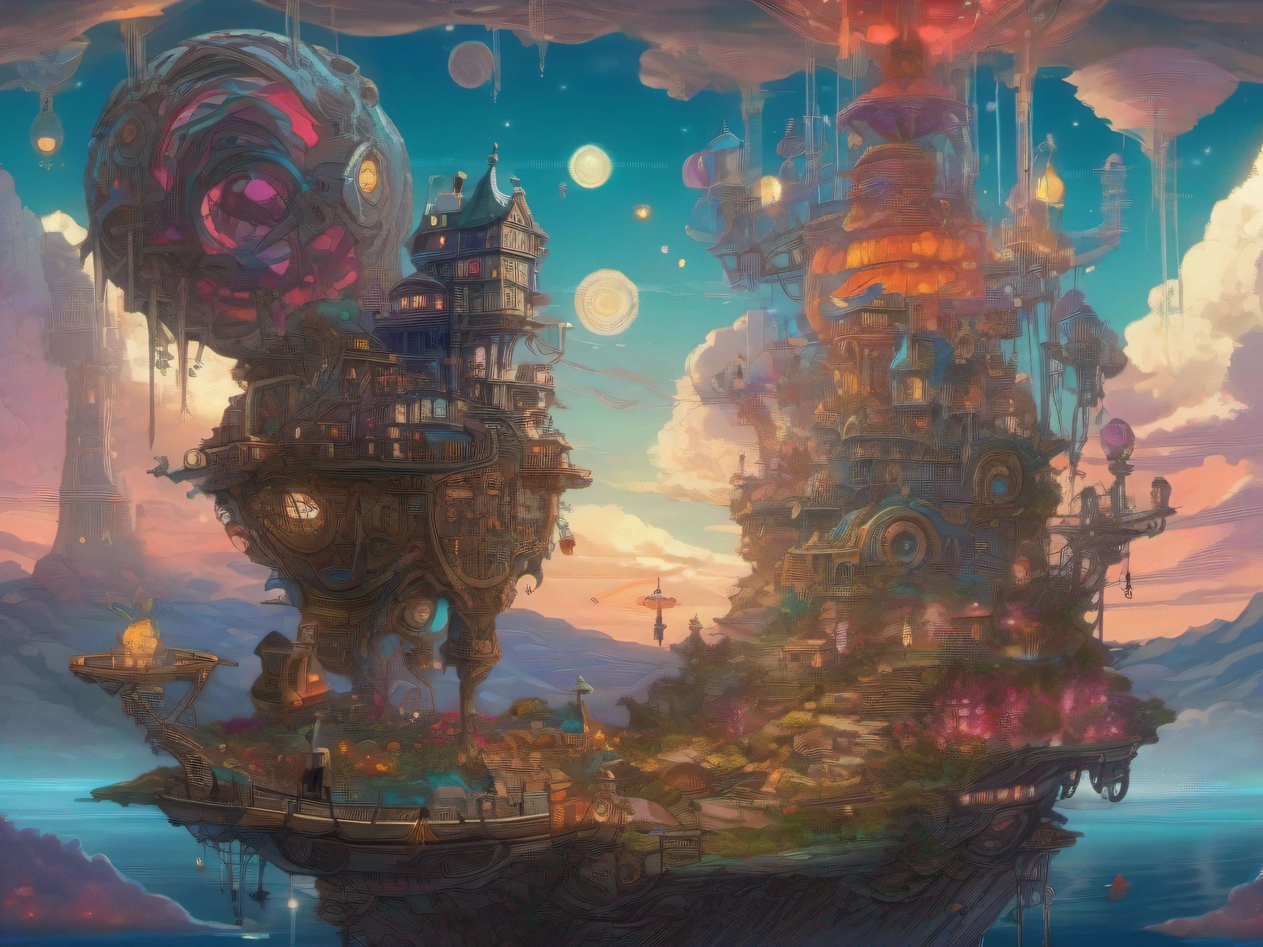 biomechanical moving castle creature, inspired by Miyazaki's "Howl's Moving Castle", with intricate clockwork mechanisms, glowing crystal structures, and floating platforms, surrounded by a vibrant, fantastical landscape.