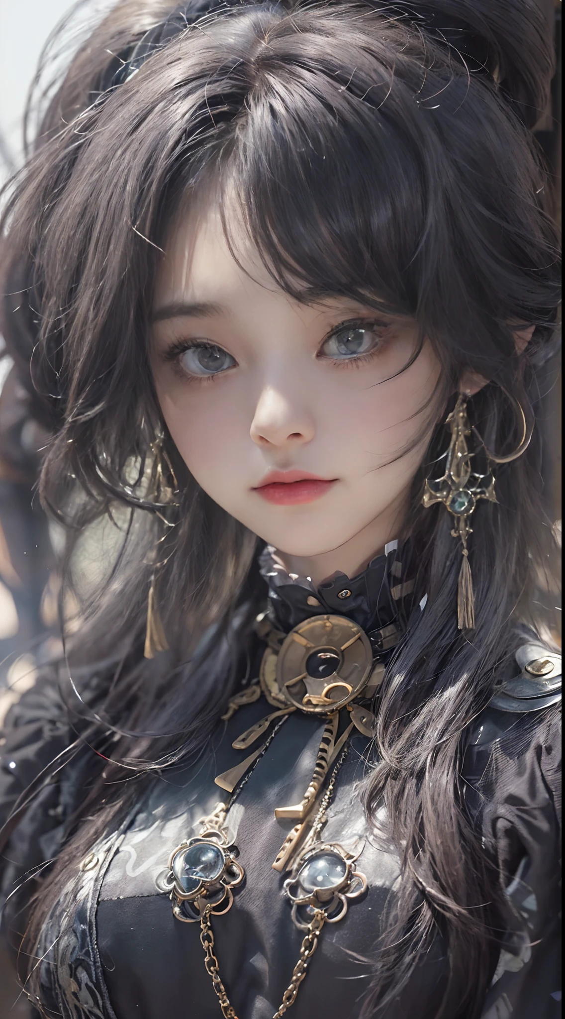 (((Masterpiece, Top quality, Ultra-detailed))), (((1 Infinite Mage Girl))), , (((Very detailed face))), Small nose, Thin lips and small mouth, (((Very keen focus eyes))), Very large slits precise light gray eyes, Sparkle like jewelry. very long eyelashes, Long black hair with black vertical curls, with fringes, ((Steampunk fashion, gothic lolita fashion))