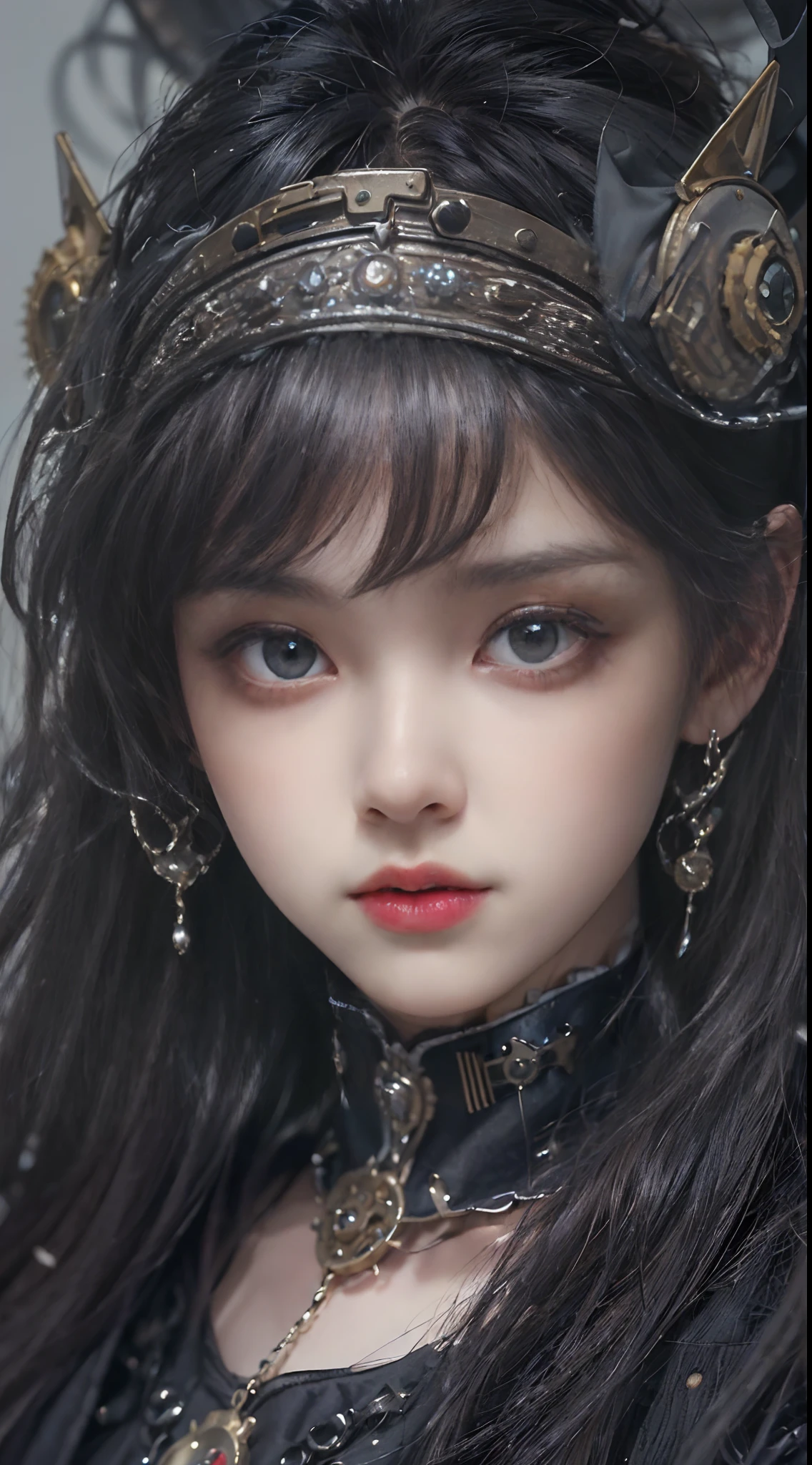 (((Masterpiece, Top quality, Ultra-detailed))), (((1 Infinite Mage Girl))), , (((Very detailed face))), Small nose, Thin lips and small mouth, (((Very keen focus eyes))), Very large slits precise light gray eyes, Sparkle like jewelry. very long eyelashes, Long black hair with black vertical curls, with fringes, ((Steampunk fashion, gothic lolita fashion))