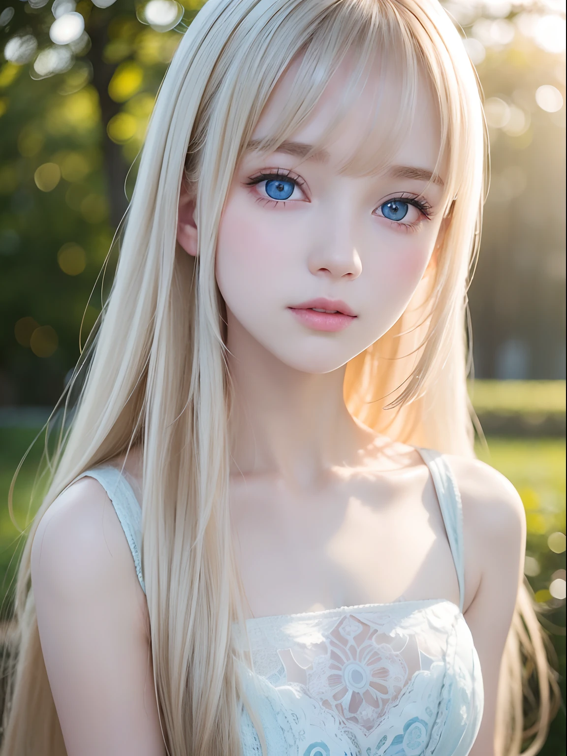 Extremely beautiful face、long bangs fluttering in front of the face、Beautiful pale light blue eyes hidden in the hair、Very cute beautiful face with very shiny skin、Pure white beautiful skin、very beautiful pale light blue eyes,、Beautiful very long straight silky pale golden shiny blonde hair、Cute very beautiful woman、Round face、Young face