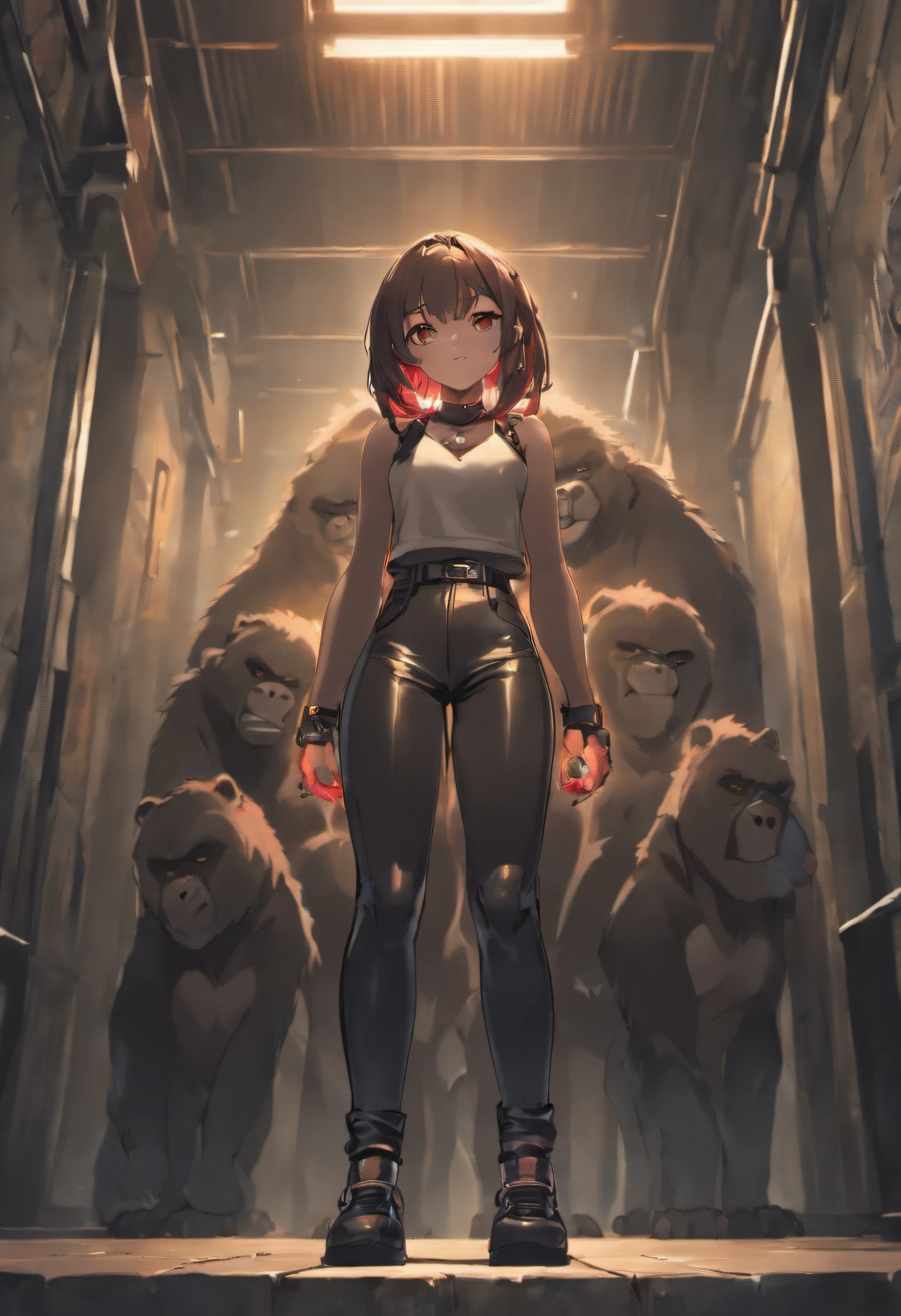 Full length girl lifting overhead a heavy giant Monster Gorilla