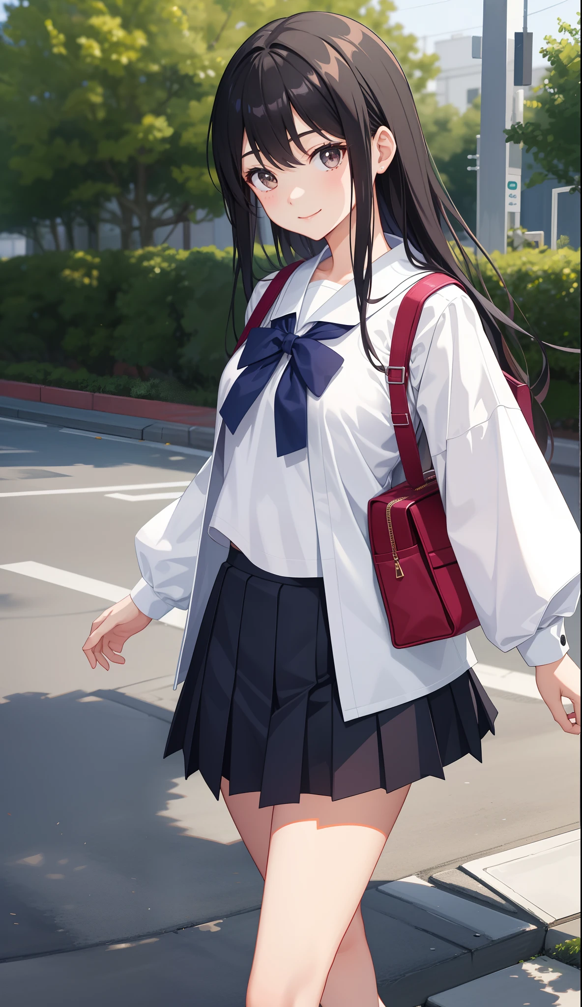 1girl in、AS-Adult、A smile、The shirt、skirt by the、(small tits)Japan High School、校服、serafuku、Walking with a thigh、Upper body portrait、
