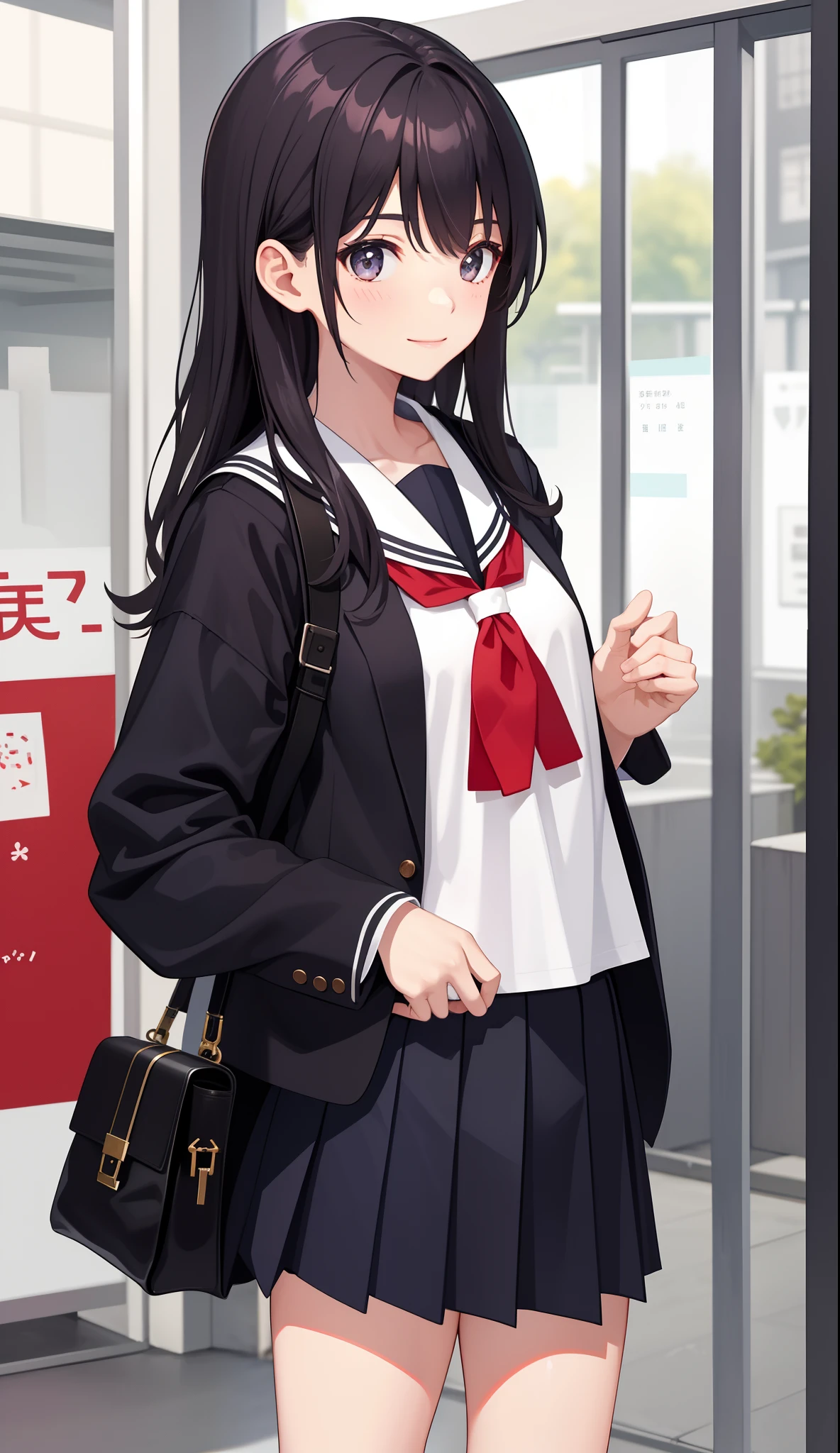 1girl in、AS-Adult、A smile、The shirt、skirt by the、(small tits)Japan High School、校服、serafuku、Walking with a thigh、Upper body portrait、