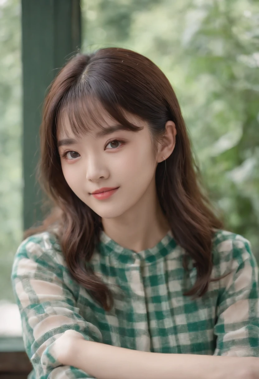 top-quality, Photorealsitic, masterpiece, 8K, Hi-Res, 独奏, 1girl, (((infp young woman))),sixteen years old、full bodyesbian、(small tits), ((Look at viewers)), (look at a camera), ((Various hairstyles close to long))、Perfect straight black hair、((With bangs))、 (profetional lighting), Highly detailed bright face、Gentle Japan girl、Nice smiling face、Green T-shirt(long-sleeve)、Checked pleated skirt、Standing in the room