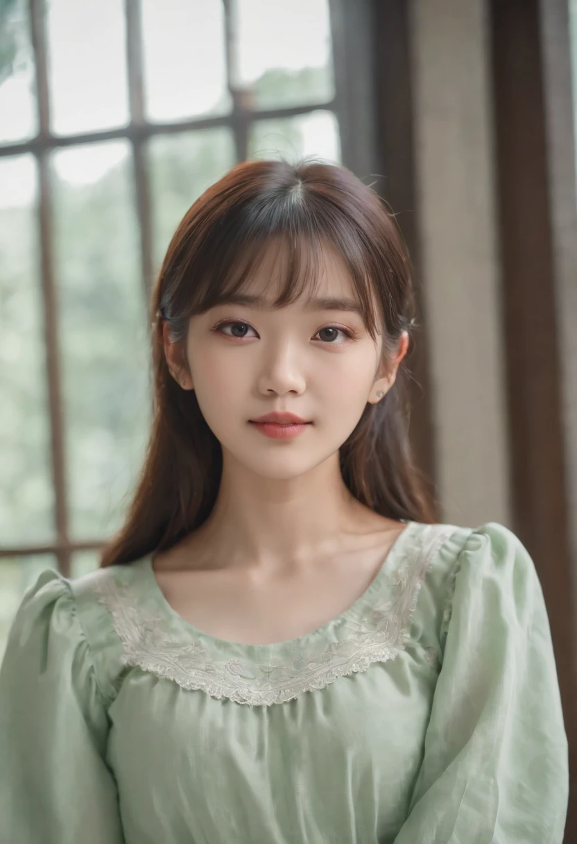 top-quality, Photorealsitic, ​masterpiece, 8K, Hi-Res, 独奏, 1girl, (((infp young woman))),sixteen years old、full bodyesbian、(small tits), ((Look at viewers)), (look at a camera), ((Various hairstyles close to long)）、Perfect straight black hair、((With bangs))、 (profetional lighting), Highly detailed bright face、Gentle Japan girl、Nice smiling face、Green T-shirt（long-sleeve）、Checked pleated skirt、Standing in the room