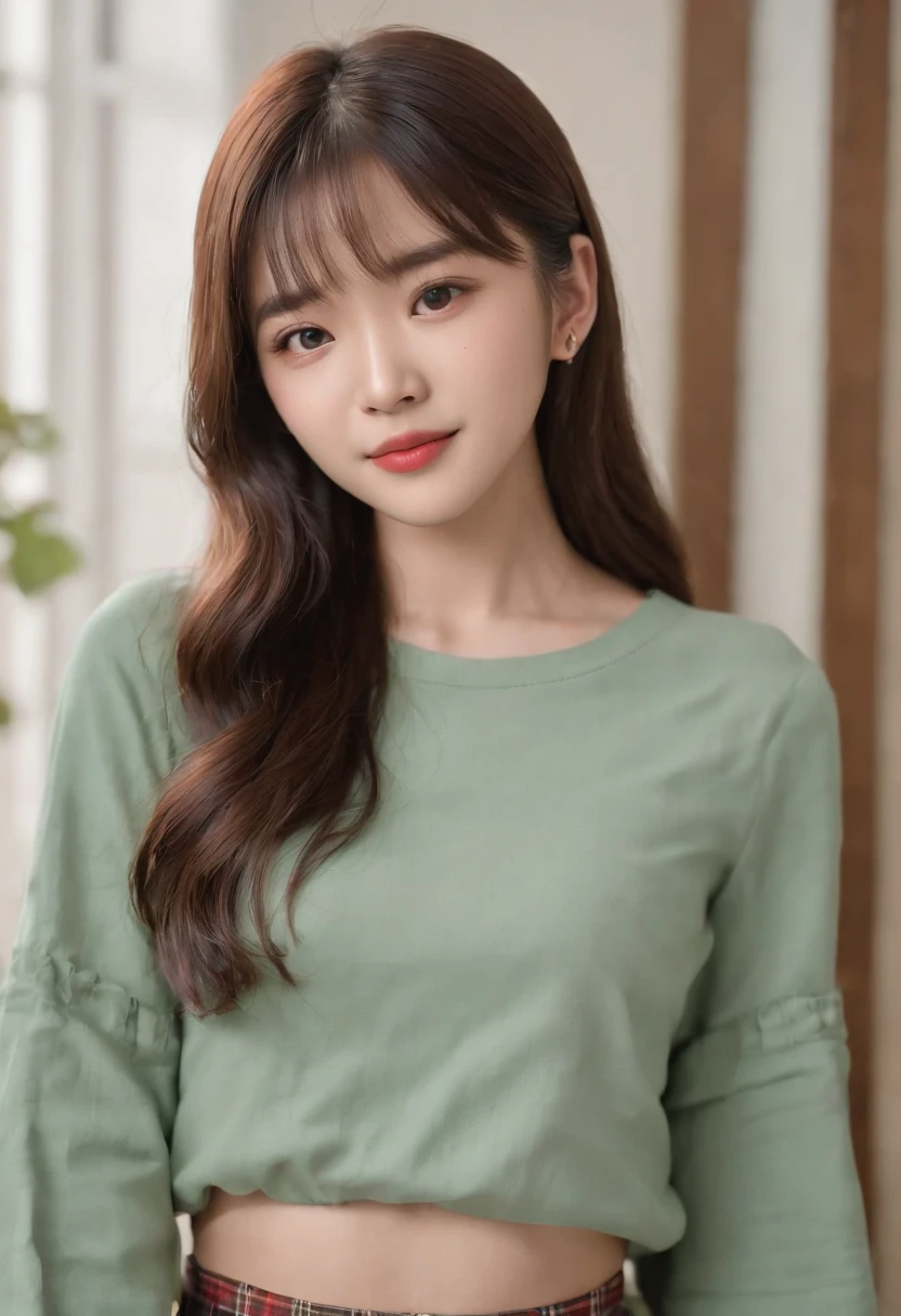 top-quality, Photorealsitic, masterpiece, 8K, Hi-Res, 独奏, 1girl, (((infp young woman))),sixteen years old、full bodyesbian、(small tits), ((Look at viewers)), (look at a camera), ((Various hairstyles close to long))、Perfect straight black hair、((With bangs))、 (profetional lighting), Highly detailed bright face、Gentle Japan girl、Nice smiling face、Green T-shirt(long-sleeve)、Checked pleated skirt、Standing in the room