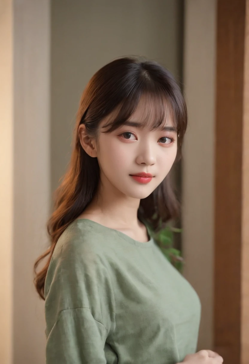 top-quality, Photorealsitic, masterpiece, 8K, Hi-Res, 独奏, 1girl, (((infp young woman))),、full bodyesbian、(small tits), ((Look at viewers)), (look at a camera), ((Various hairstyles close to long))、Perfect straight black hair、((With bangs))、 (profetional lighting), Highly detailed bright face、Gentle Japan girl、Nice smiling face、Green T-shirt(long-sleeve)、Checked pleated skirt、Standing in the room