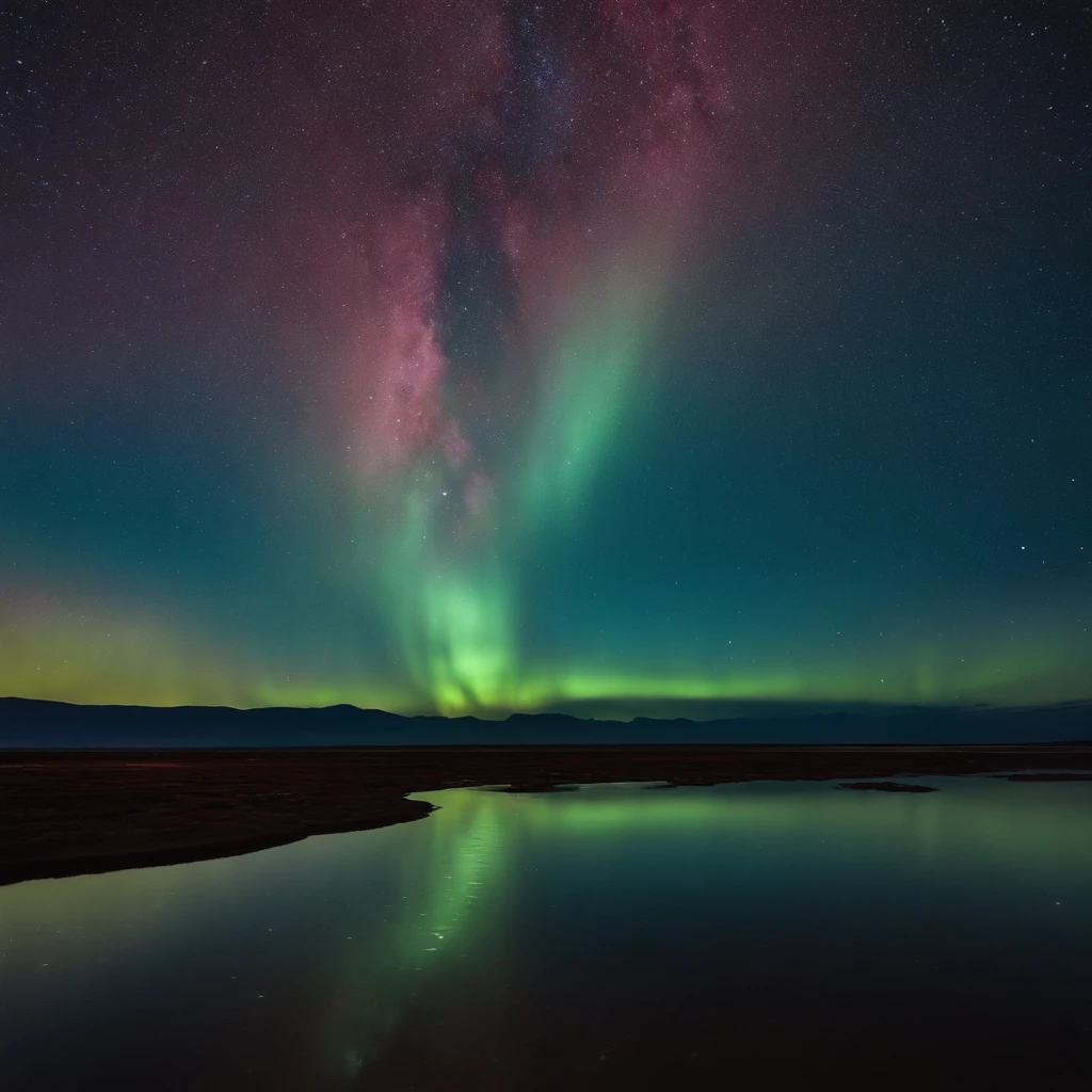 Beautiful pictures of the starry sky、magnifica、milkyway:1.25、Large body of water with clouds in the sky, At Salar de Uyuni, Amazing reflections of the sky, Incredible reflections, beautiful reflection, stunning photo, epic and stunning, Crossing the horizon, Red Aurora Borealis:1.25