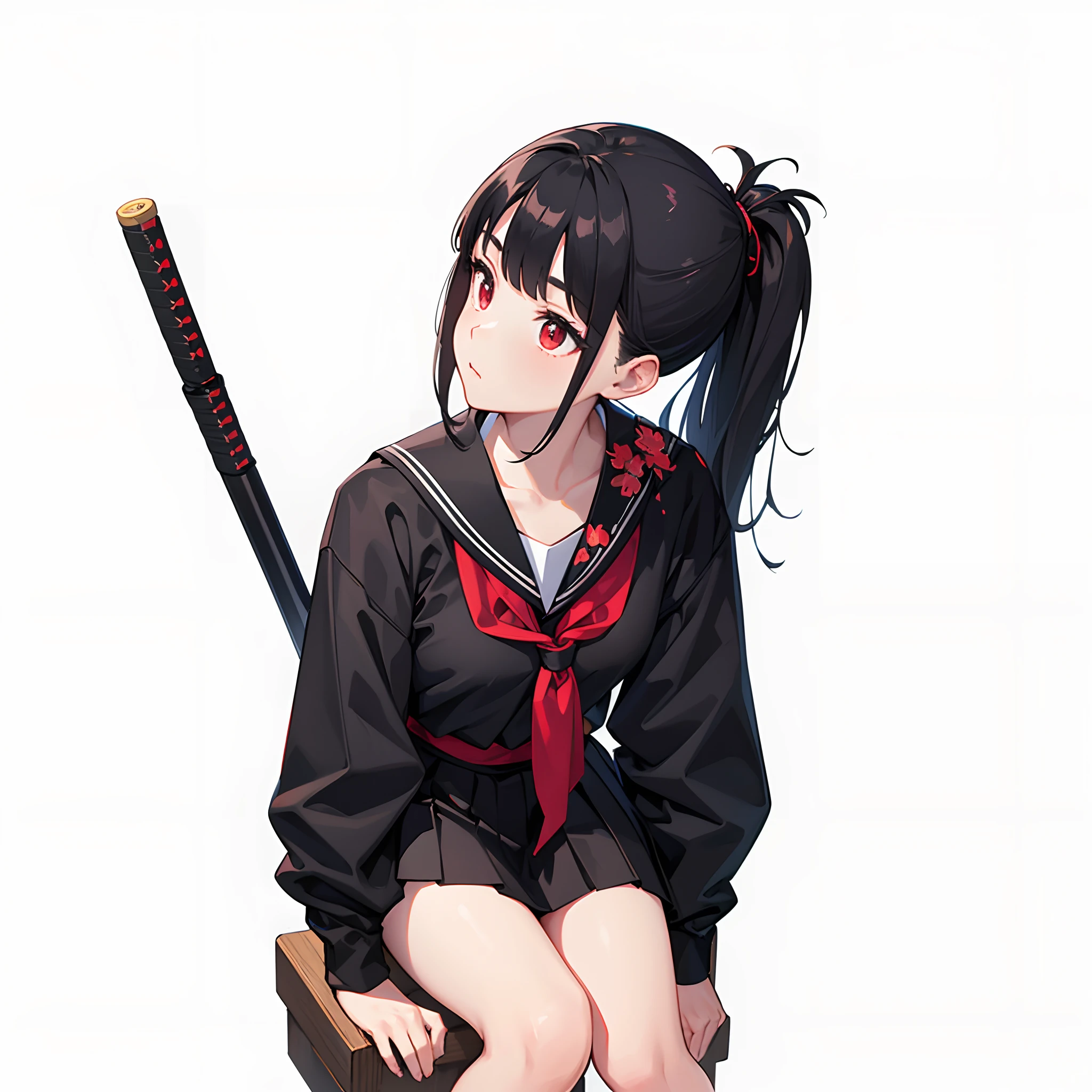 A girl wearing black Japanese school uniform, teenage, black skirt, flat bangs, double ponytail, red eyes, half hose, holding katana, sitting, high res, ultrasharp, 8K, masterpiece