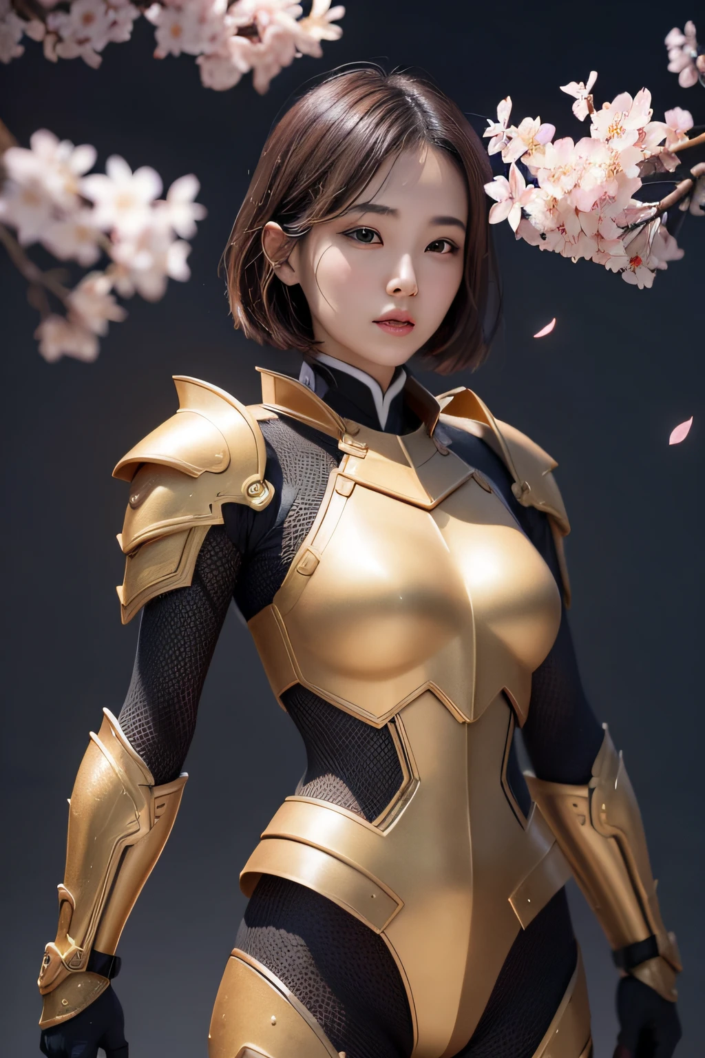 beautiful japanese young woman, wearing ninja armor made of honey, thick symmetrical features, very short hair, background is cherry blossoms, pink aura, red lips, octane render,