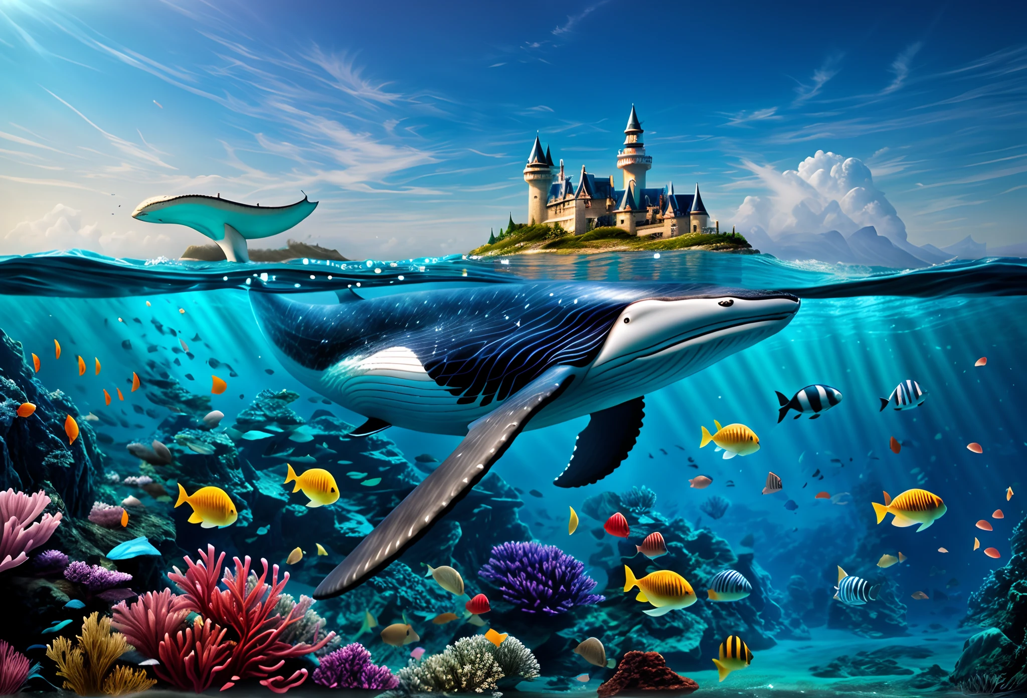 There are whales swimming in the sea，The huge whale's tail rises high above the water，On the back of the whale is a castle, incredible depth, underwater scenery, Underwater world, fantasy sea landscape, Realistic fantasy illustration, amazing depth, magic realism matte painting, ocean floor, 3 d render and matte painting, High quality fantasy stock photo, Art fantastique grand angle, underwater scenery, ultra-clear，tmasterpiece，Lots of details，Cinematic lighting effects