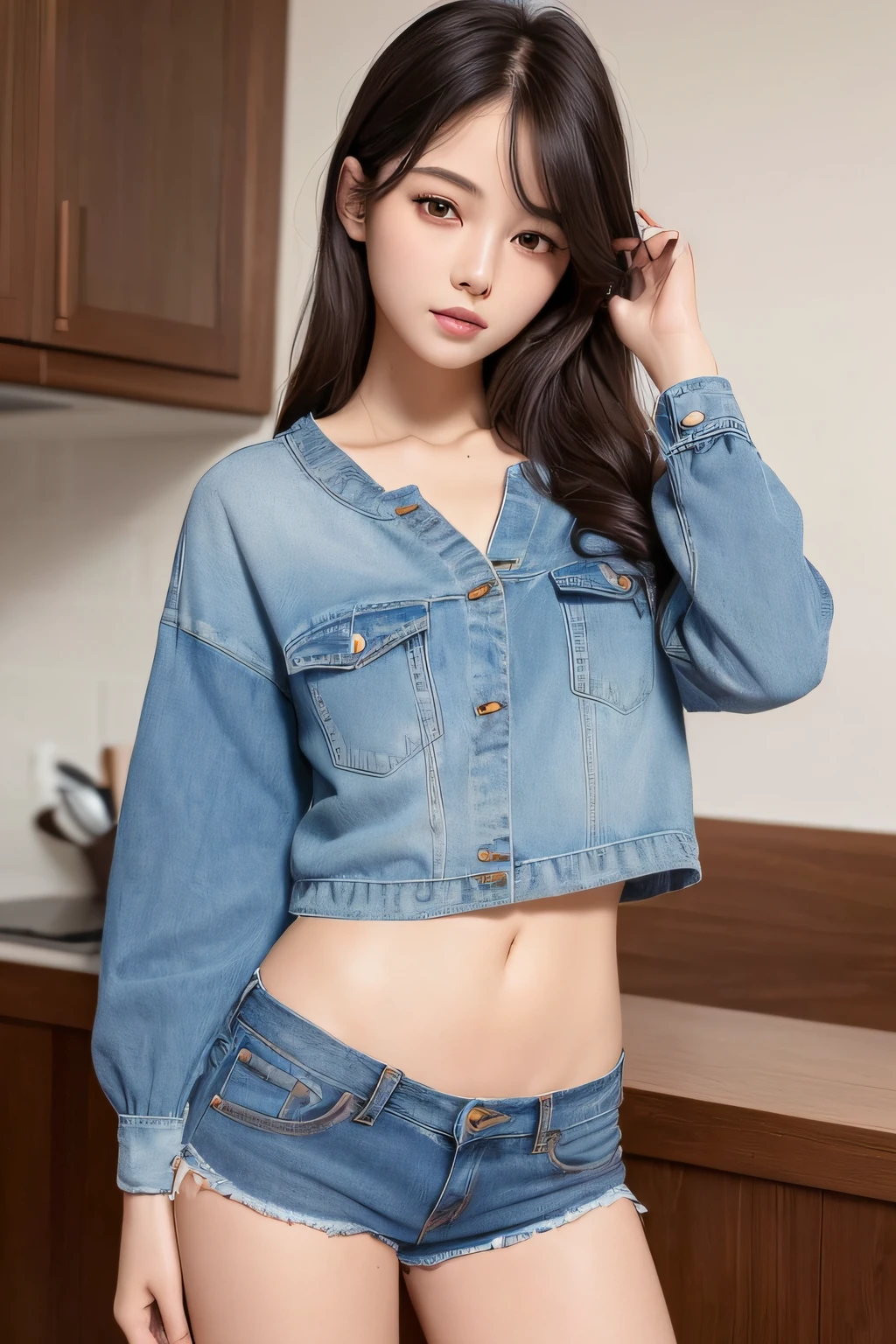 ((Top Quality, 8K, masterpiece )), 1girll, Sorrisos, (Full-body shot), Slim Faces, a pretty woman, (dark brown wavy hair), highly detailed face, Detailed Eyes,Pretty hands,Slim Faces, Lovely Korean face,Denim shorts,coffee shop