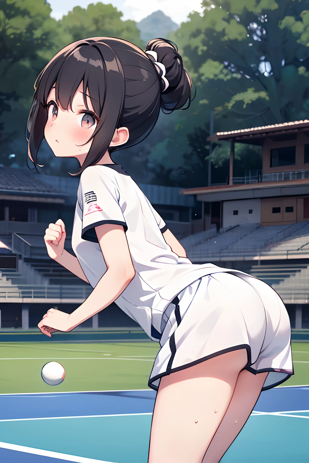 floating hair, light blush, during a match, ping-pong, sweat, half updo, folded ponytail, outdoors, project a wide area, soccer, kick a ball, Black and white soccer ball, anime, anime style, 4K, textured skin, super detail, best quality, award winning