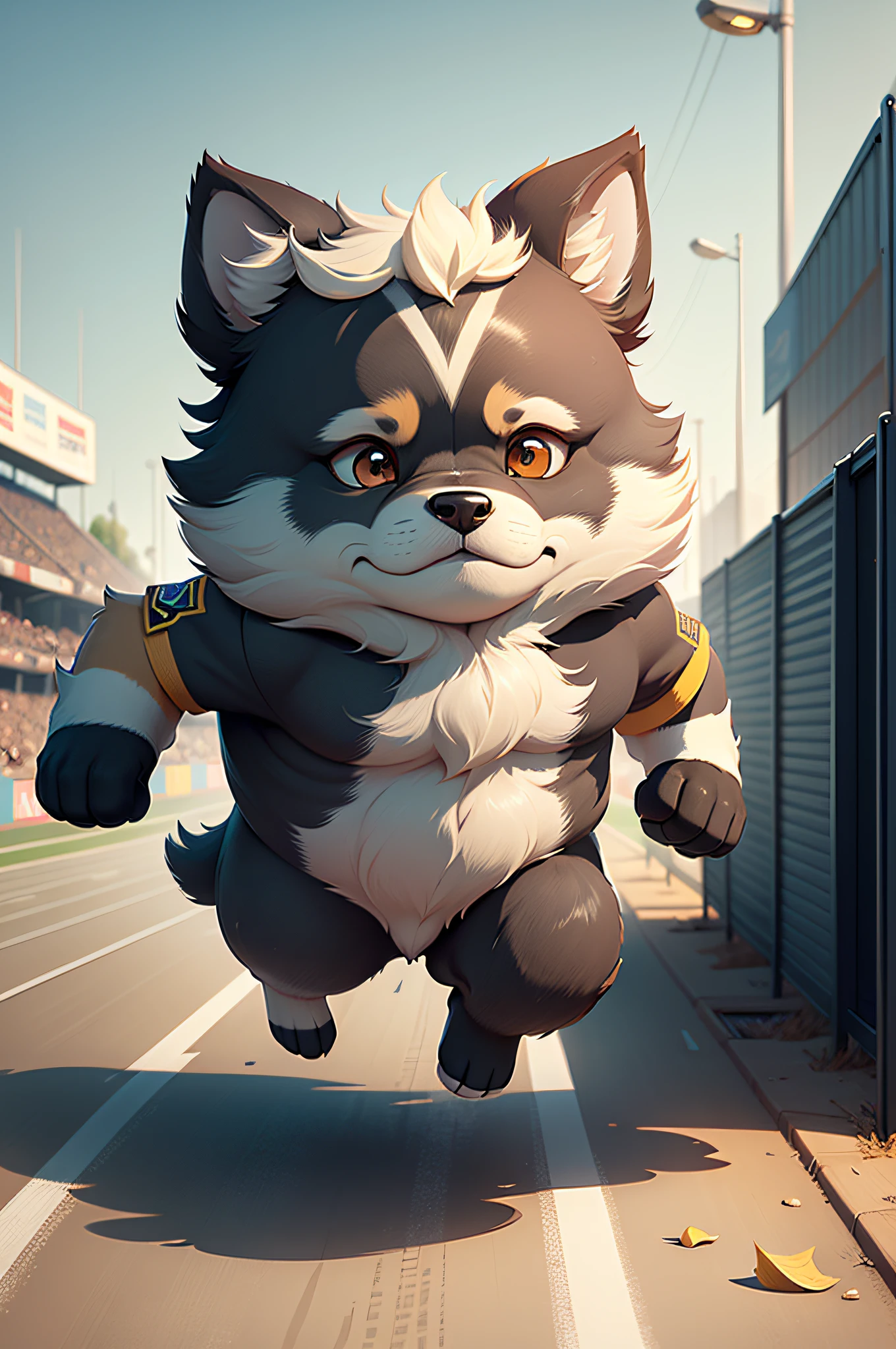 C4tt4stic, Cartoon shepherd dog of players in uniform running short distances on track(Body hair is black、The specifics of the appearance of the shepherd dog)、The background is the stadium