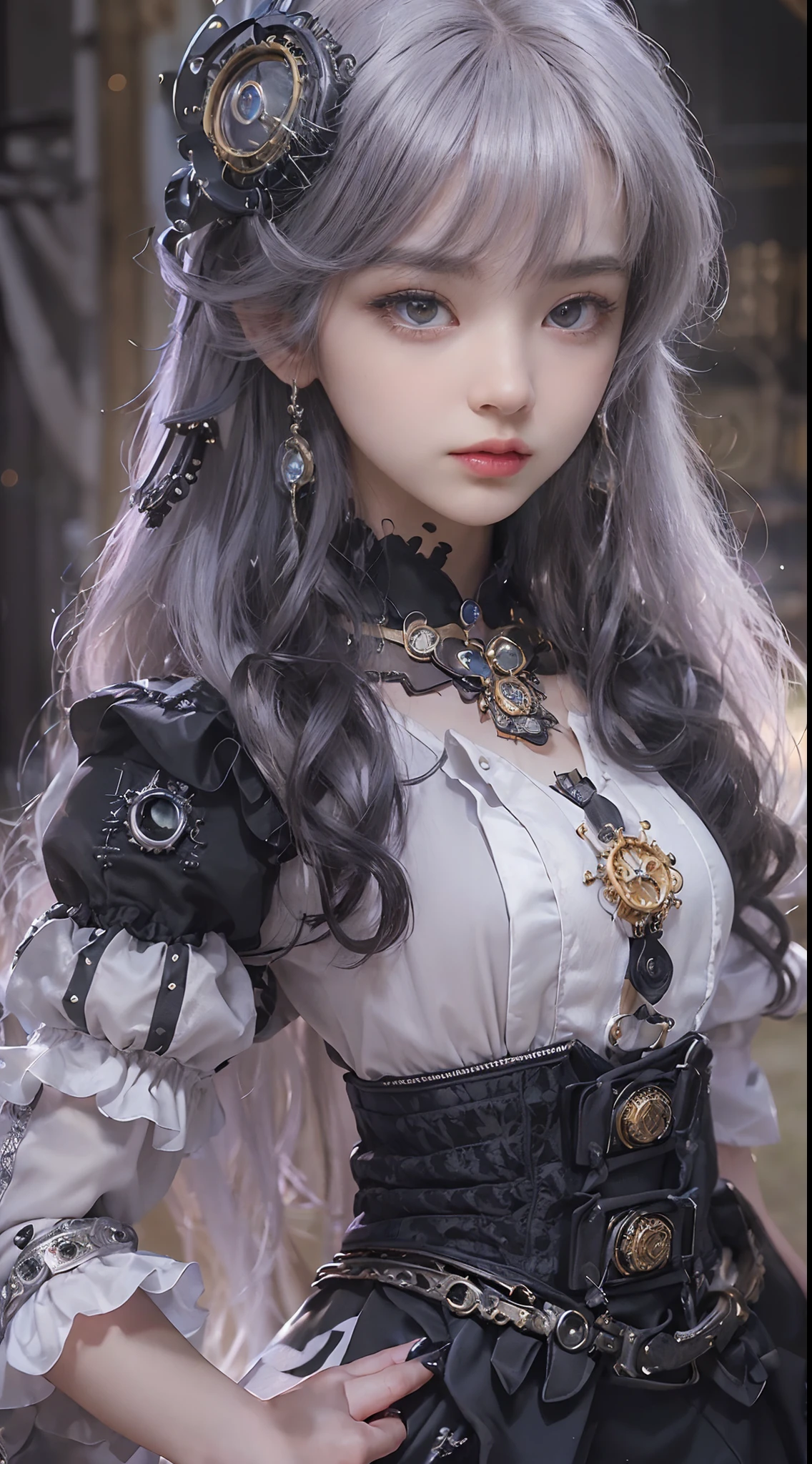 (((Masterpiece, Top quality, Ultra-detailed))), (((1 Infinite Mage Girl))), , (((Very detailed face))), Small nose, Thin lips and small mouth, (((Very keen focus eyes))), Very large slits precise light gray eyes, Sparkle like jewelry. very long eyelashes, Long black hair with black vertical curls, with fringes, ((Steampunk fashion, gothic lolita fashion))