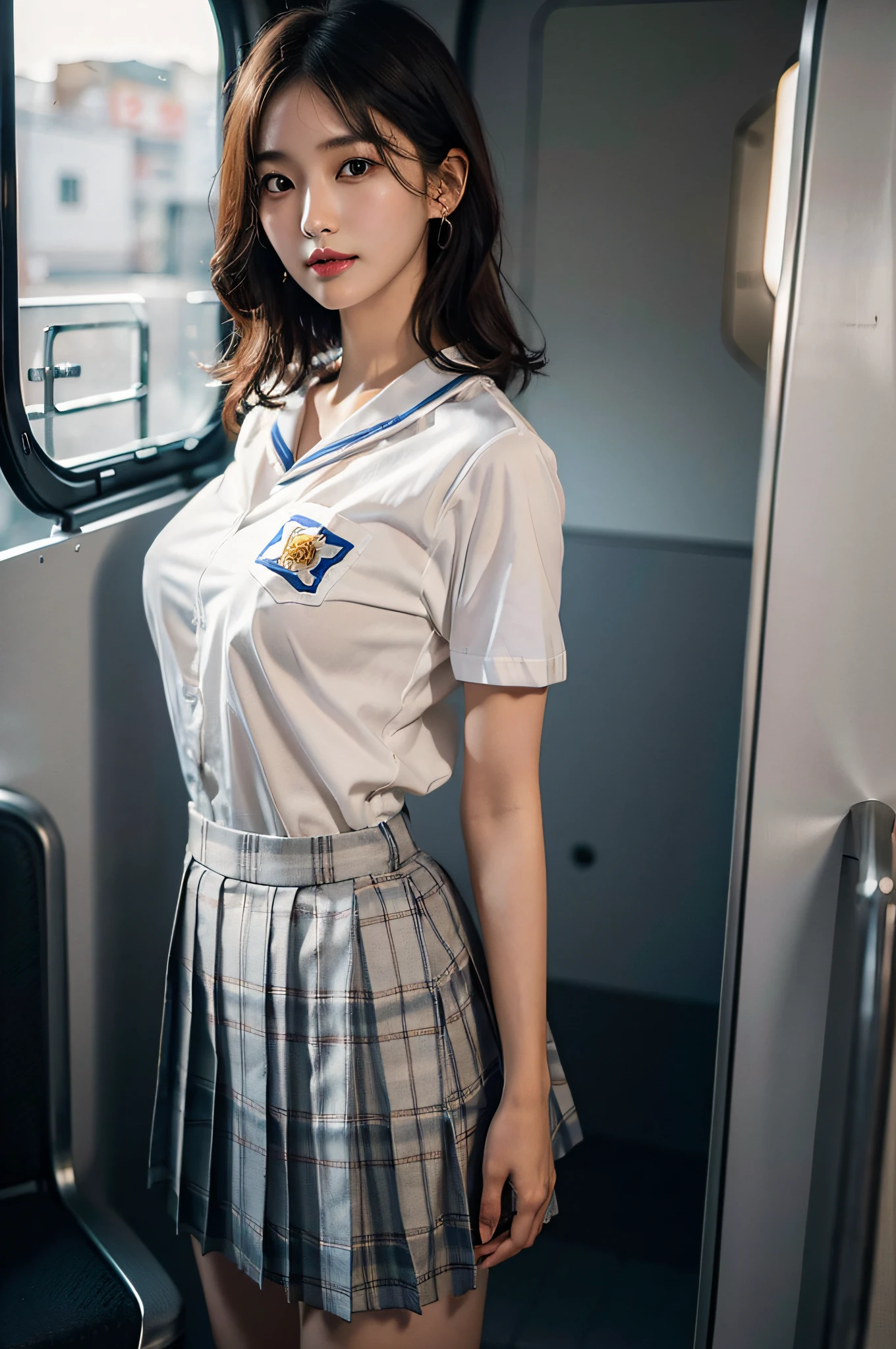 (very huge round breasts, perfect anatomy:1.3), (full body shot:1.3), (short hair, wavy hair:1.1), (Korean school uniform, summer school uniform shirt:1.4), RAW photo, extremely delicate and beautiful, masterpiece, Best Quality, ultra high resolution, 16k, hyperrealistic, ultra-detailed, Very detailed CG 8k wallpaper, Beautiful Lighting, Perfect Lightning, Realistic Shadows, super Detailed shiny skin, perfect figure, Japanese woman, late 20s, very Slim body, narrow waist, very small head, handsome detailed woman, very detailed eyes and face, realistic face proportions, Stunning detailed eyes, Realistic beautiful face, very small face, Realistic small beautiful eyes, double eyelids, makeup, tearful mole, mole on chest, earring, on the train,