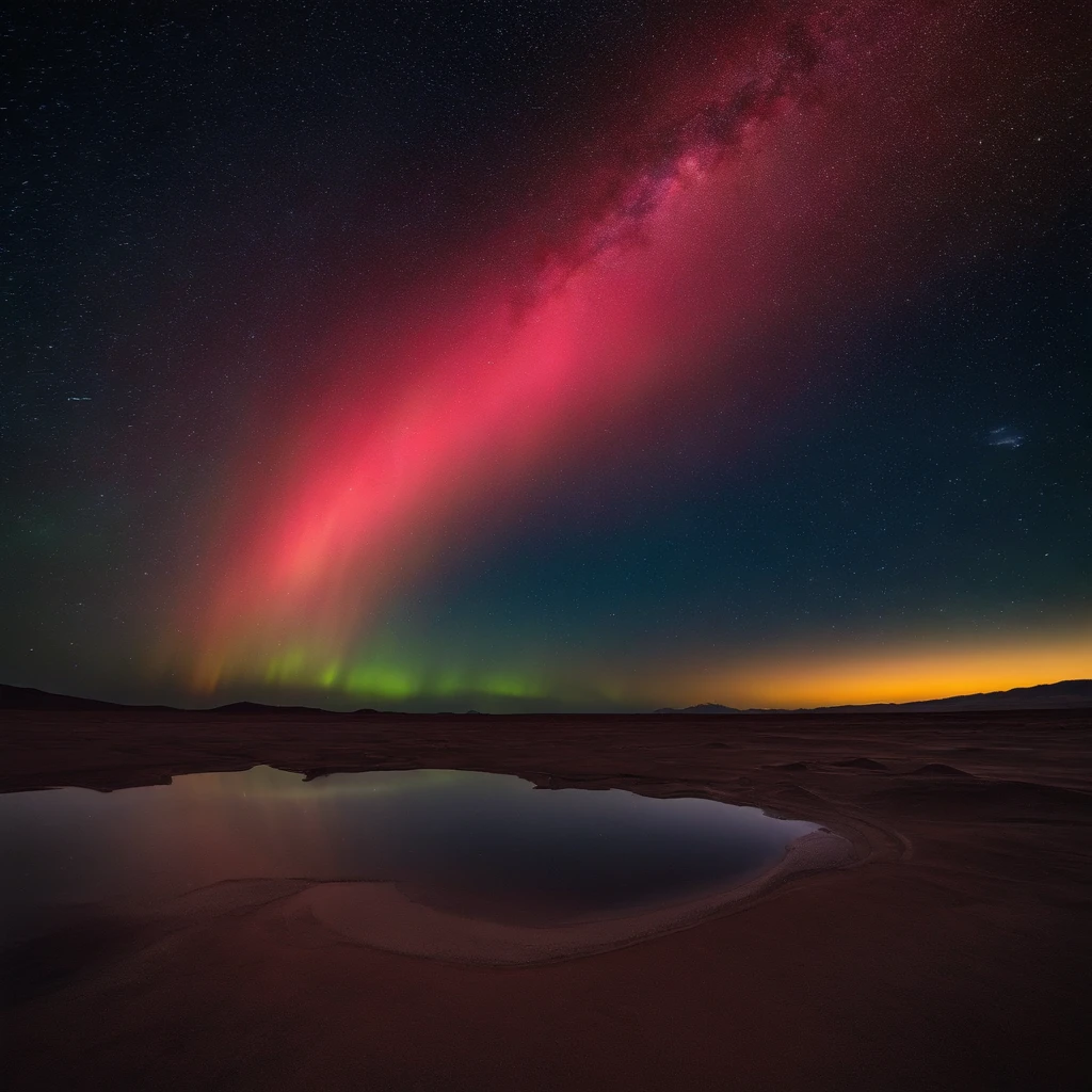 Beautiful pictures of the starry sky、magnifica、milkyway:1.25、Large body of water with clouds in the sky, At Salar de Uyuni, Amazing reflections of the sky, Incredible reflections, beautiful reflection, stunning photo, epic and stunning, Crossing the horizon, Red Aurora Borealis:1.25