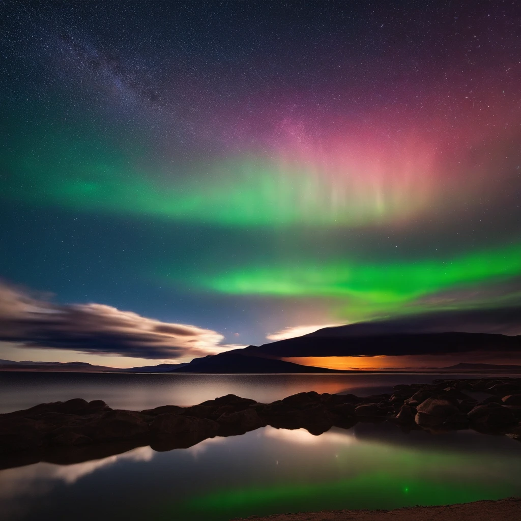 Beautiful pictures of the starry sky、magnifica、milkyway:1.25、Large body of water with clouds in the sky, At Salar de Uyuni, Amazing reflections of the sky, Incredible reflections, beautiful reflection, stunning photo, epic and stunning, Crossing the horizon, Red Aurora Borealis:1.25
