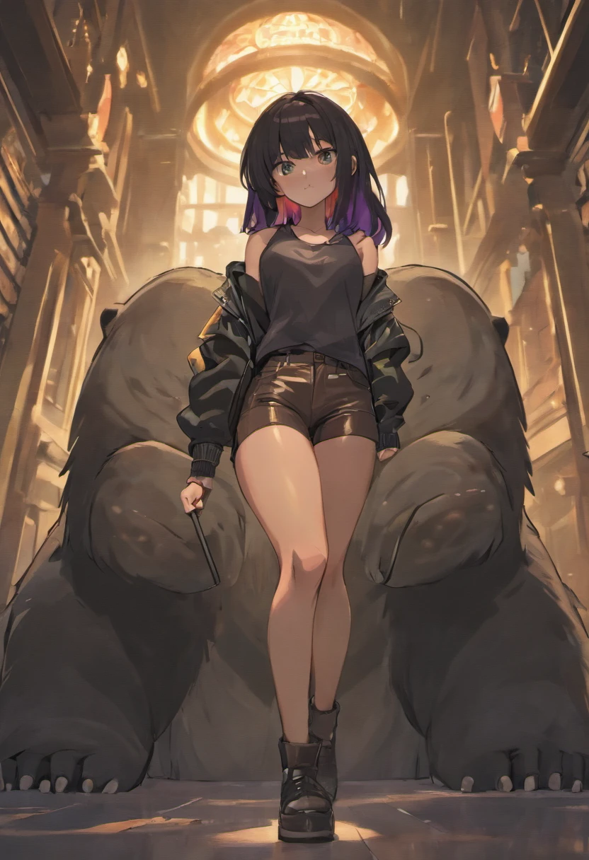 Gorilla Girl、Bright lighting、Beautiful illustration、
(8K, Raw photography, top-quality, masterpiece:1.2), (realisitic, Photorealsitic:1.37), ultra-detailliert, 1 rapariga, 独奏, cute little, Beautiful fece、(((Tank Tops)))、(((Long leather trousers)))