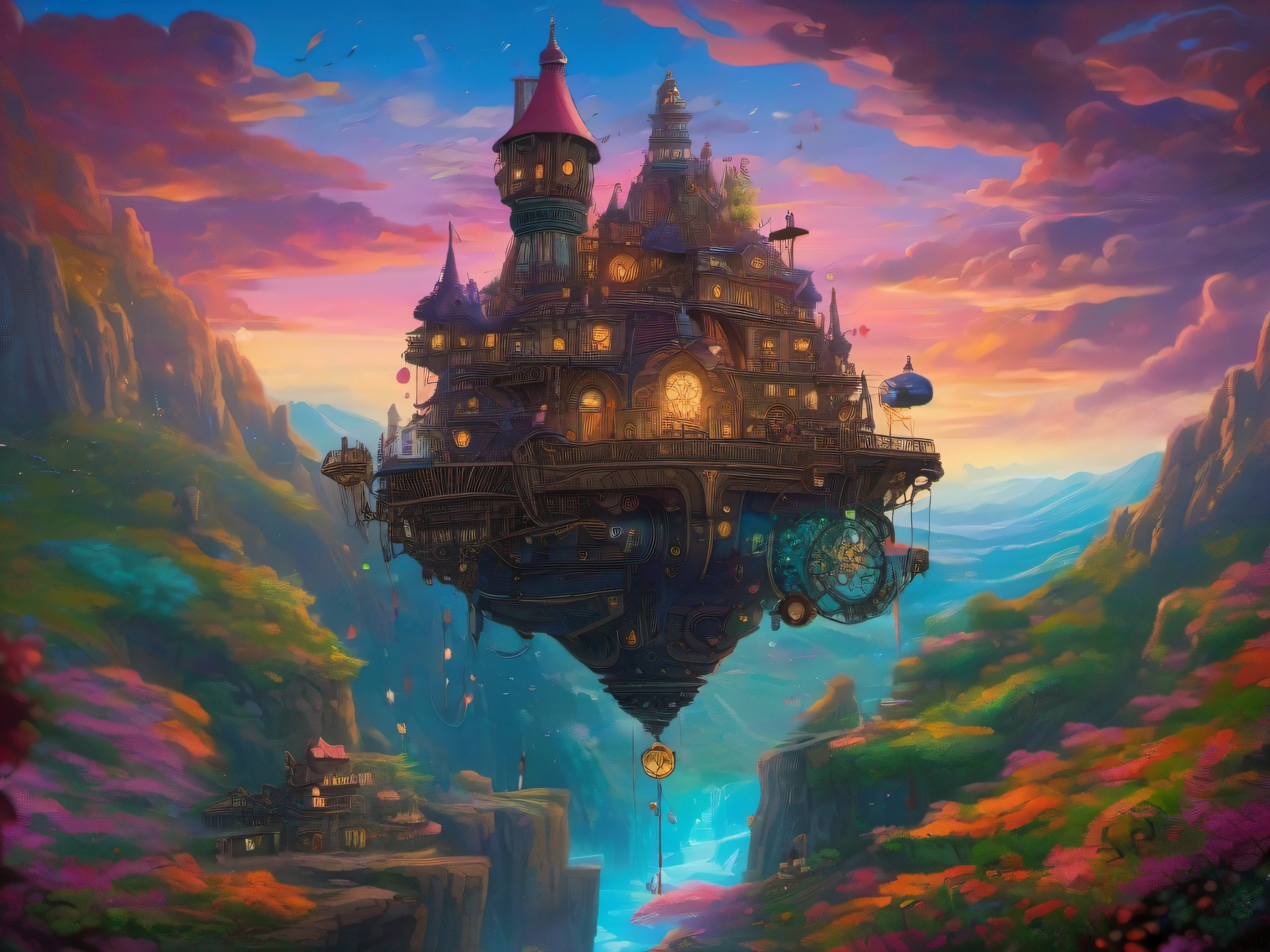 biomechanical moving castle creature, inspired by Miyazaki's "Howl's Moving Castle", with intricate clockwork mechanisms, glowing crystal structures, and floating platforms, surrounded by a vibrant, fantastical landscape.