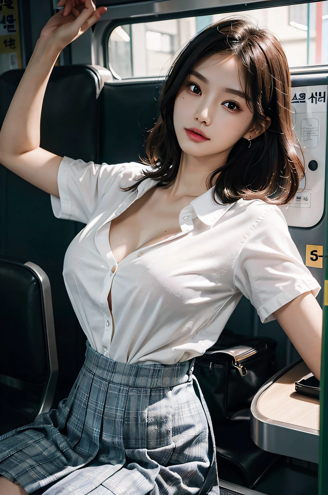(very huge round breasts, perfect anatomy:1.3), (full body shot:1.3), (short hair, wavy hair:1.1), (Korean school uniform, summer school uniform shirt:1.4), RAW photo, extremely delicate and beautiful, masterpiece, Best Quality, ultra high resolution, 16k, hyperrealistic, ultra-detailed, Very detailed CG 8k wallpaper, Beautiful Lighting, Perfect Lightning, Realistic Shadows, super Detailed shiny skin, perfect figure, Japanese woman, late 20s, very Slim body, narrow waist, very small head, handsome detailed woman, very detailed eyes and face, realistic face proportions, Stunning detailed eyes, Realistic beautiful face, very small face, Realistic small beautiful eyes, double eyelids, makeup, tearful mole, mole on chest, earring, on the train,