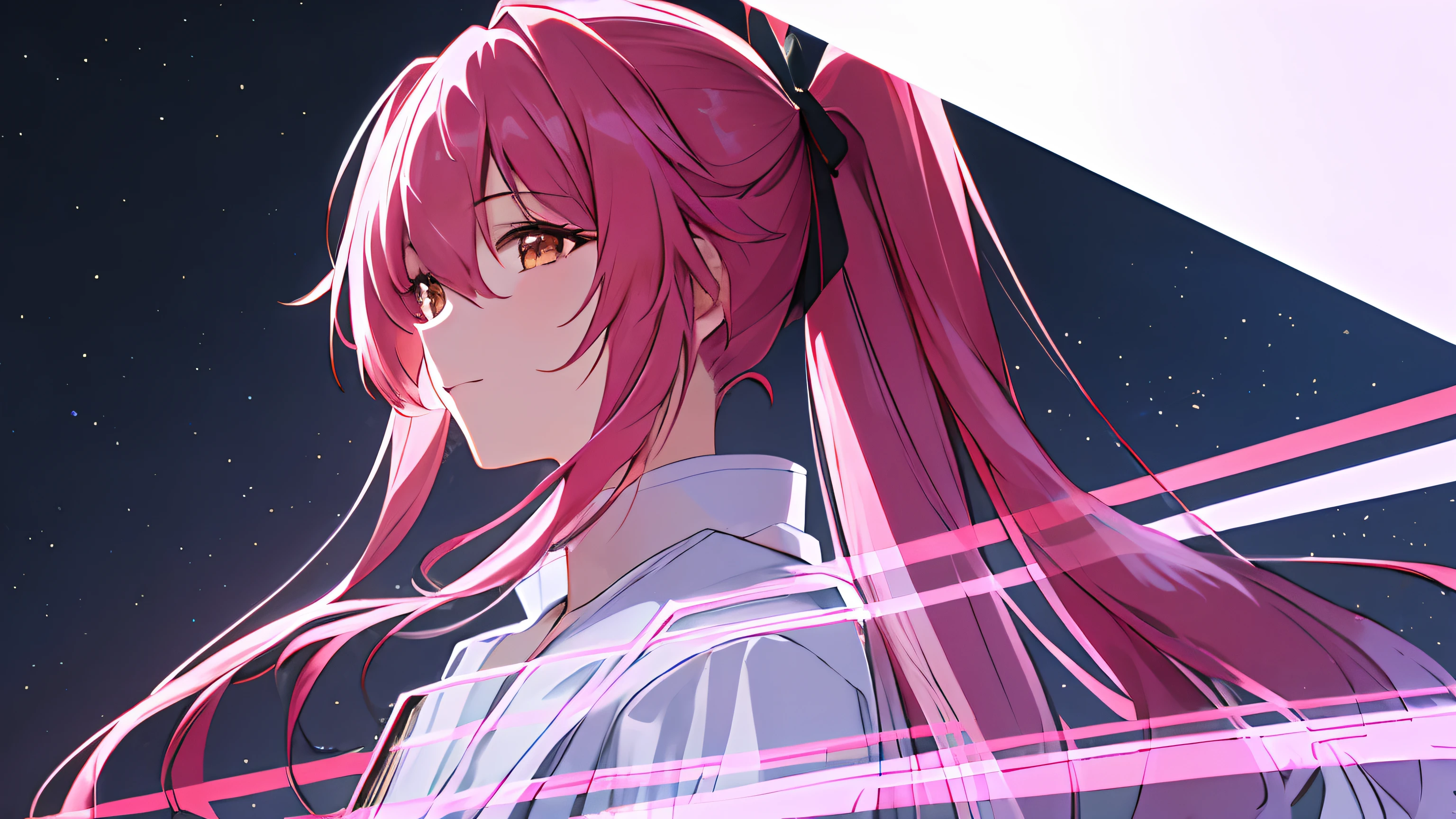 masterpiece, high quality, 8k, beautiful lighting, doga kobo, anime scene, profile, 1girl, fuxuan, pink hair, long hair with two pony tails, small to medium breast, golden eyes, white pharmacist coat, looking at viewer, space background, pink energy, glitching