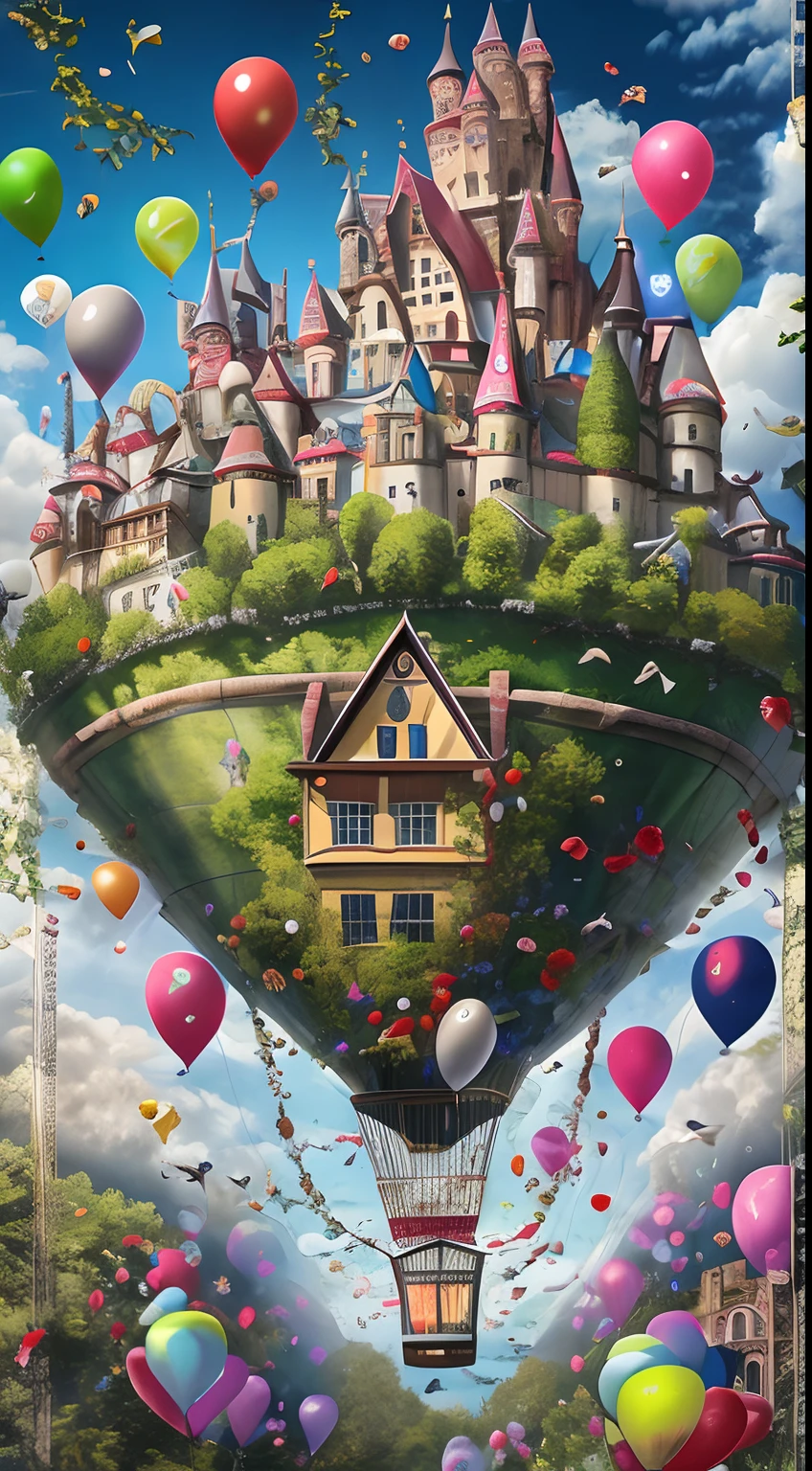 best qualityer,Fotorrealista,Best shade,delicate,..primitive,超高分辨率,ultra realistic art,Gallery-grade works,offcial art,super high precision,the visual stunning shock,Sublime masterpiece,Peak clarity,1 huge castle in the air,Pulled by a large number of balloons,with blue sky and white clouds,Birds flew by,Flying House Travel,