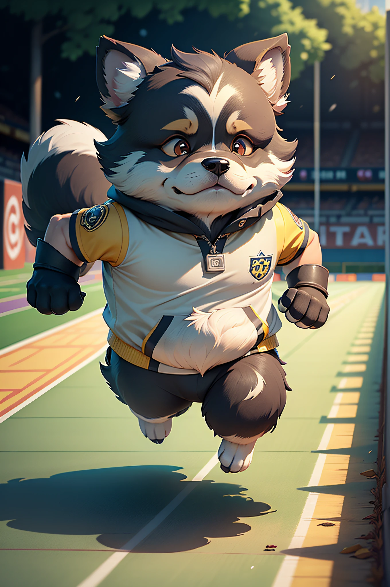 C4tt4stic, Cartoon shepherd dog of players in uniform running short distances on track(Body hair is black、The specifics of the appearance of the shepherd dog)、The background is the stadium