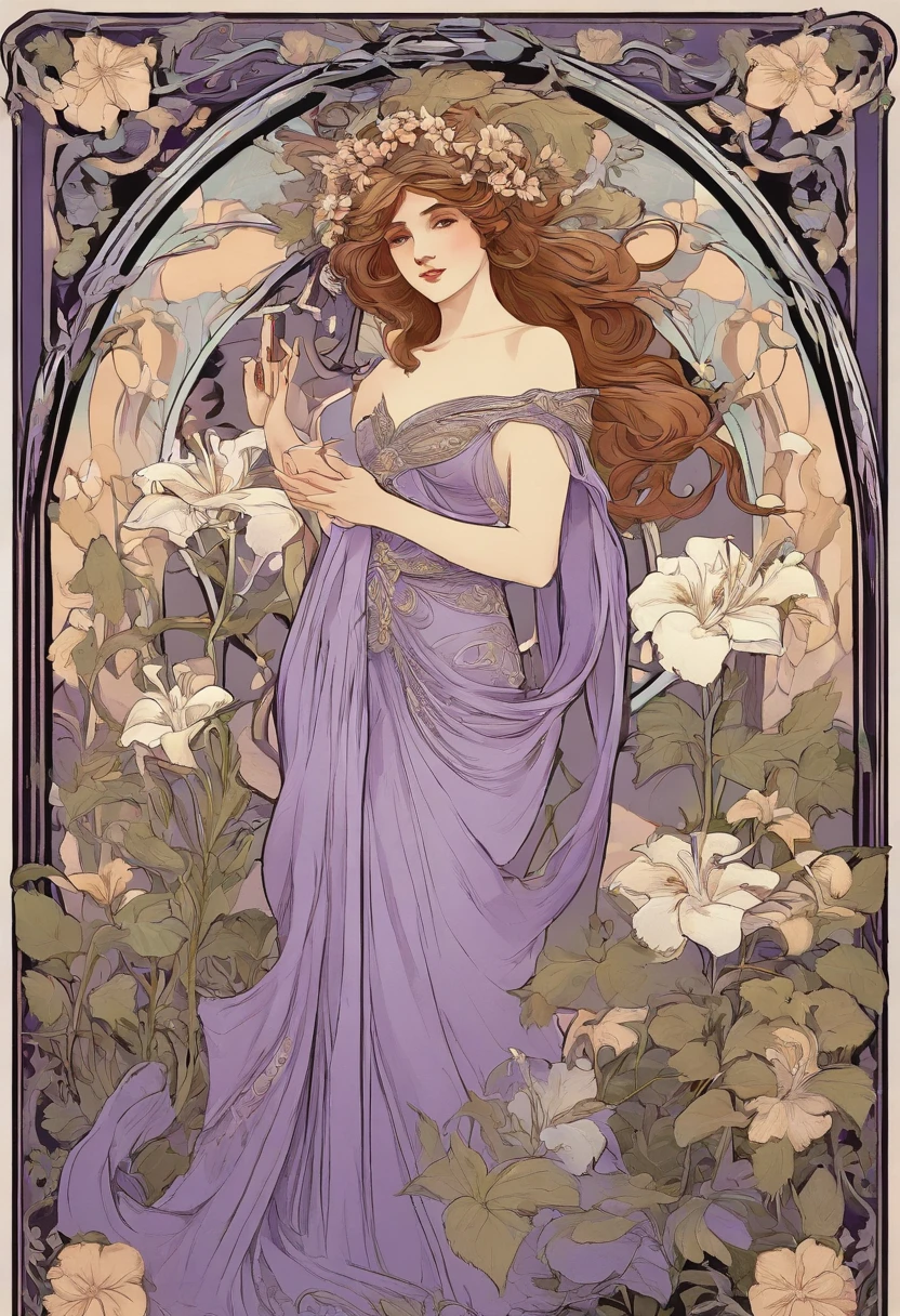 8K.Poster illustration in Alphonse Mucha style, Flat painting, Beautiful western woman in lilac ankle-length long dress, Emmawatoso,Have a bouquet of white lilies,Full body like,slenderbody,Barefoot,Art Nouveau, Plants in the background, nffsw, masutepiece, Alfonse Mucha, high details