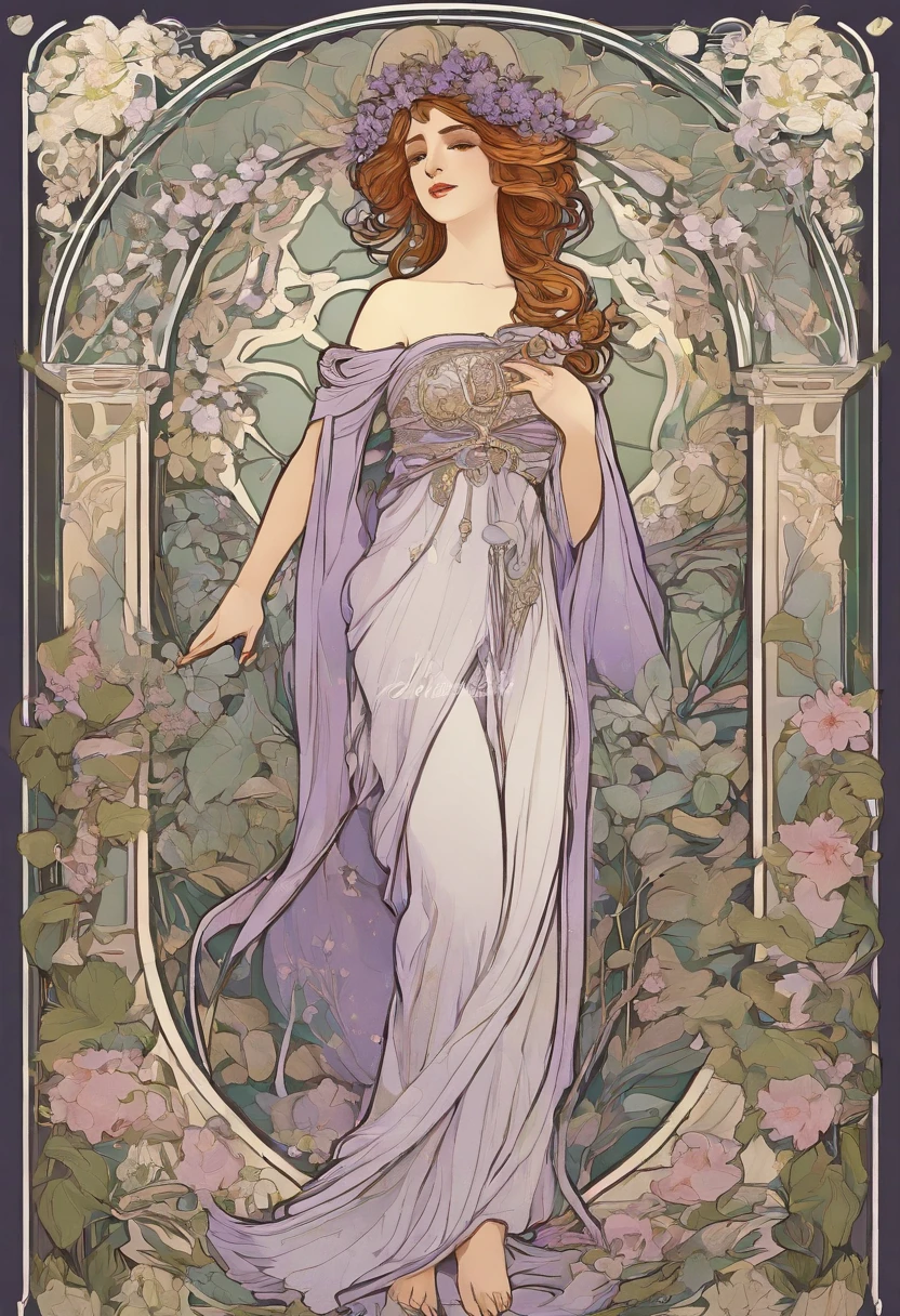8K.Poster illustration in Alphonse Mucha style, Flat painting, Beautiful western woman in lilac ankle-length long dress, Emmawatoso,Have a bouquet of white lilies,Full body like,slenderbody,Barefoot,Art Nouveau, Plants in the background, nffsw, masutepiece, Alfonse Mucha, high details