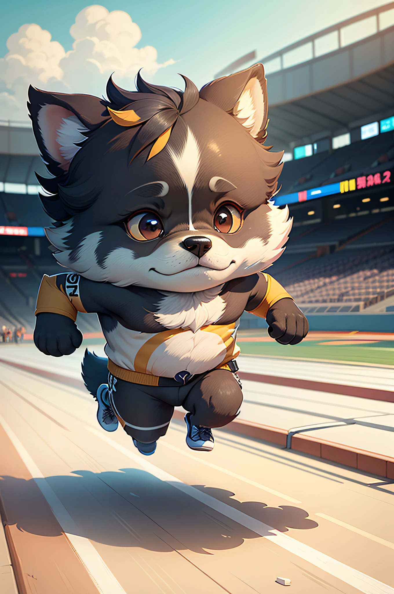 C4tt4stic, Cartoon shepherd dog of athlete running short distance on track(Body hair is black、The specifics of the appearance of the shepherd dog)、The background is the stadium