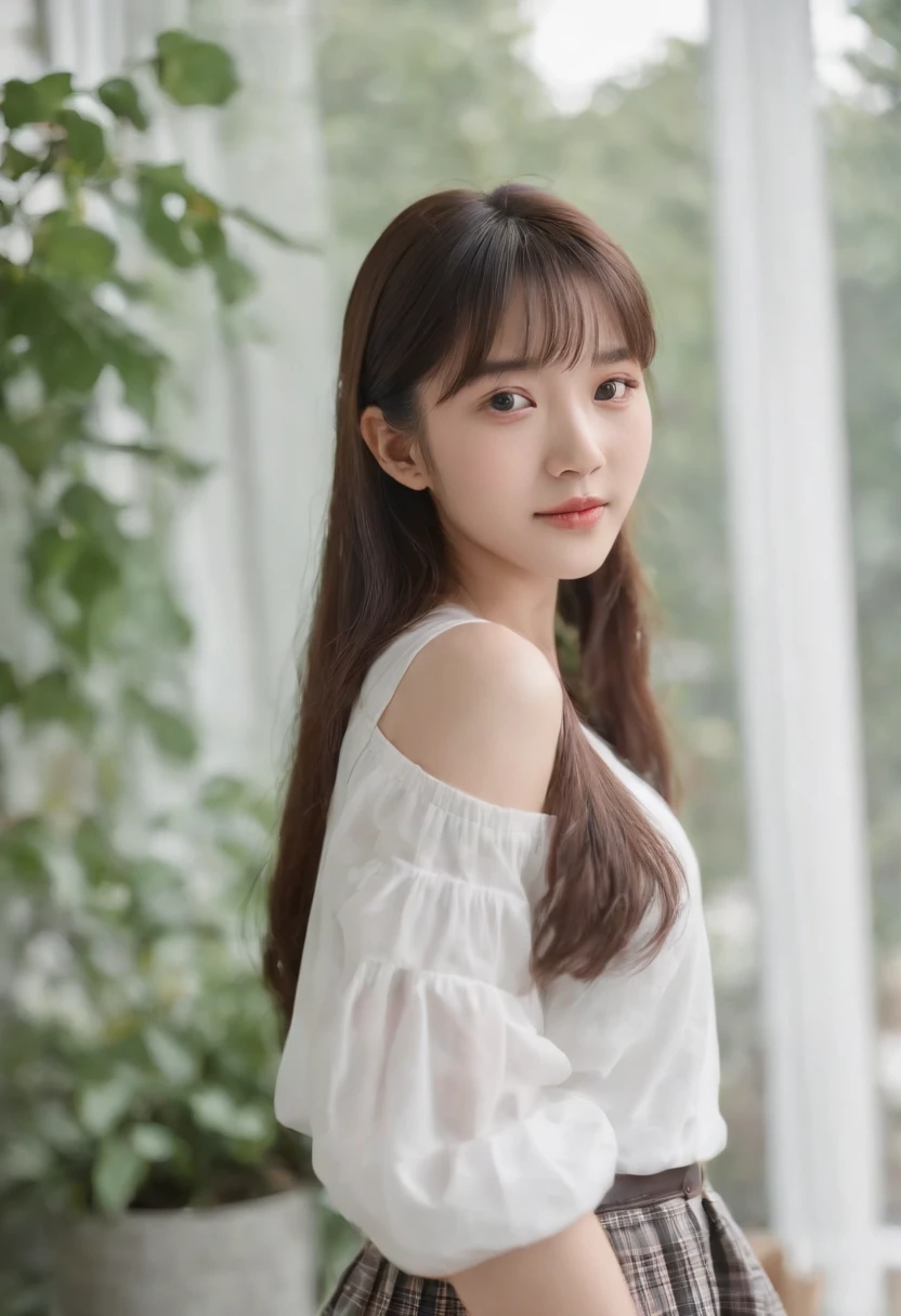 ((top-quality, 8K, ​masterpiece:1.3)), beautiful Girl, pure, Melon face, gentle and cute, A sweet smile, pure lust, slender figure, (The upper part of the body), (frontage), (tilted head), Look directly at the camera, Uniforms, white shirt, blue skirt, obi, Formal, Black silky long straight hair, long hair flowing over the shoulders, the gesture of combing one's hair, round black big eyes, clear big eyes, Wet red lips, Dolce, sitting on the edge of a bed,  Window sill background,