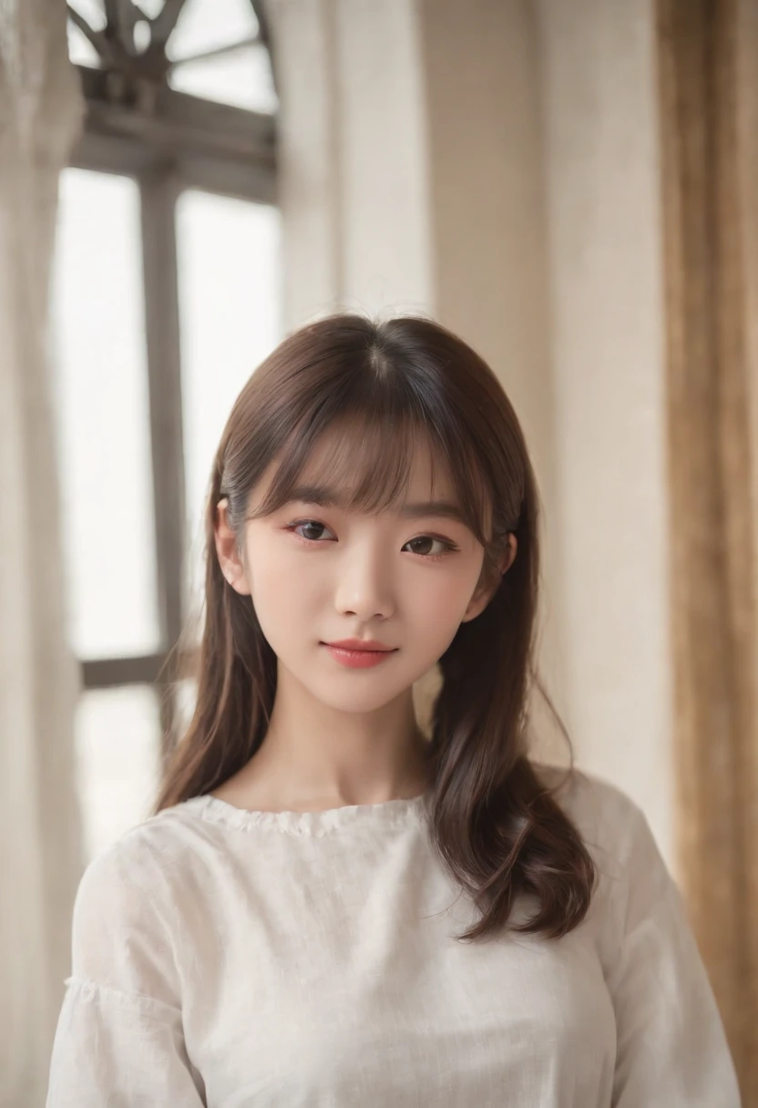 top-quality, Photorealsitic, ​masterpiece, 8K, Hi-Res, 独奏, 1girl, (((infp young woman))),、full bodyesbian、(small tits), ((Look at viewers)), (look at a camera), ((Various hairstyles close to long)）、Perfect straight black hair、((With bangs))、 (profetional lighting), Highly detailed bright face、Gentle Japan girl、Nice smiling face、White T-shirt（long-sleeve）、Checked pleated skirt、Standing in the room