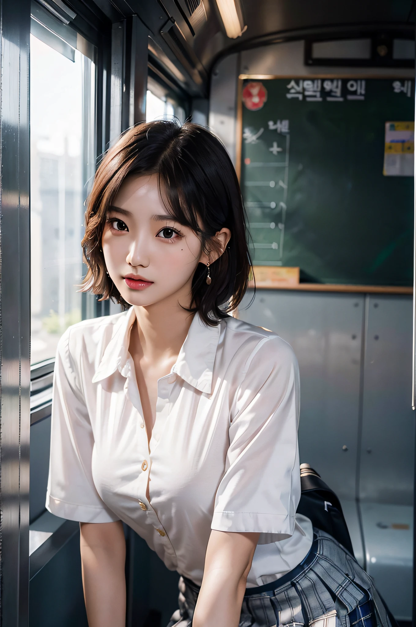 (very huge round breasts, perfect anatomy:1.3), (full body shot:1.4), (short hair, wavy hair:1.1), (Korean school uniform, summer school uniform shirt sleeveless:1.3), RAW photo, extremely delicate and beautiful, masterpiece, Best Quality, ultra high resolution, 16k, hyperrealistic, ultra-detailed, Very detailed CG 8k wallpaper, Beautiful Lighting, Perfect Lightning, Realistic Shadows, super Detailed shiny skin, perfect figure, Japanese woman, late 20s, very Slim body, narrow waist, very small head, handsome detailed woman, very detailed eyes and face, realistic face proportions, Stunning detailed eyes, Realistic beautiful face, very small face, Realistic small beautiful eyes, double eyelids, makeup, tearful mole, mole on chest, earring,