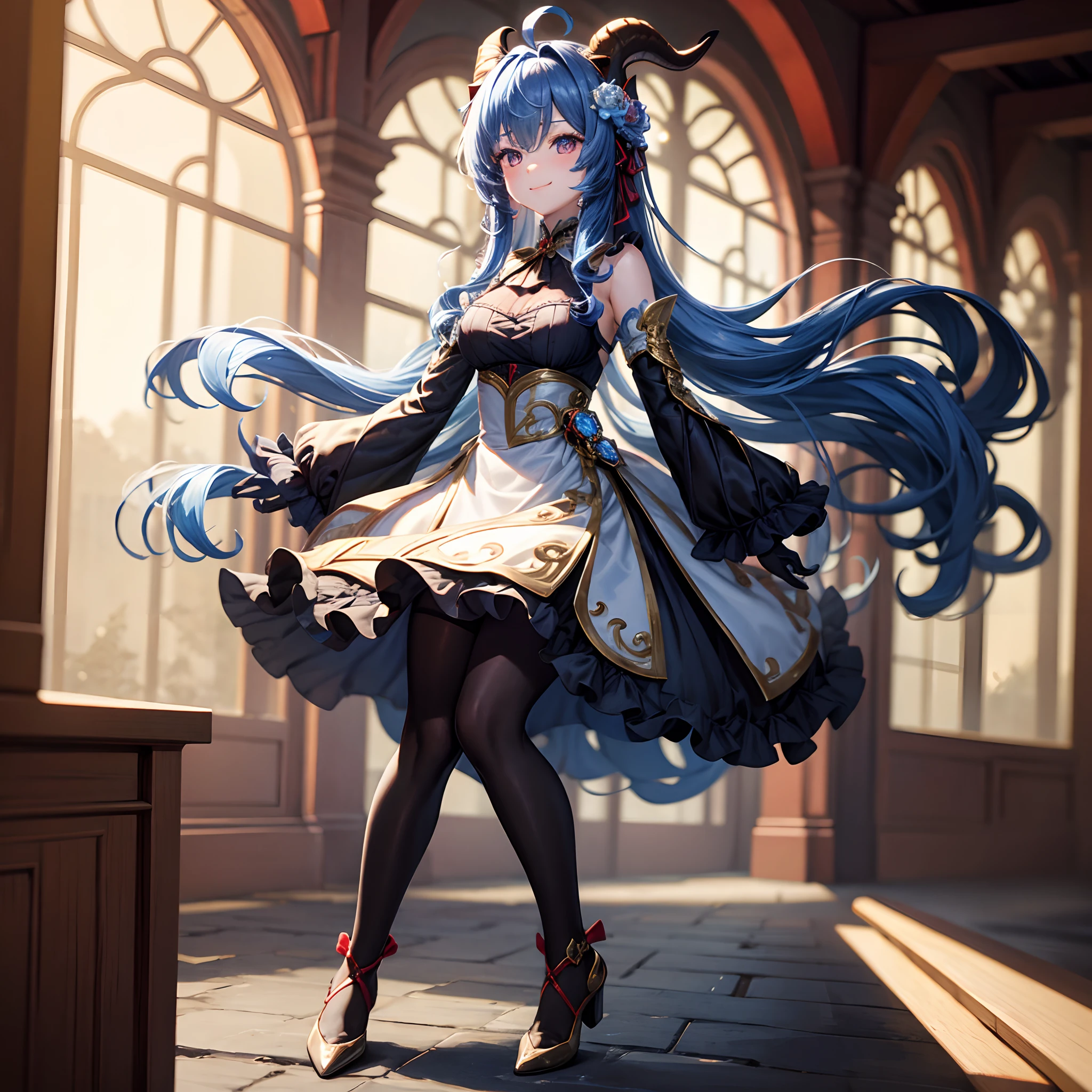 masterpiece, best quality, 8k, ray tracing, 1girl, solo, long_hair, looking_at_viewer, blue hair, red eyes, smile, long_sleeves, black dress, bow, closed_mouth, frills, hair_flower, banquet, center_frills, full body, horns