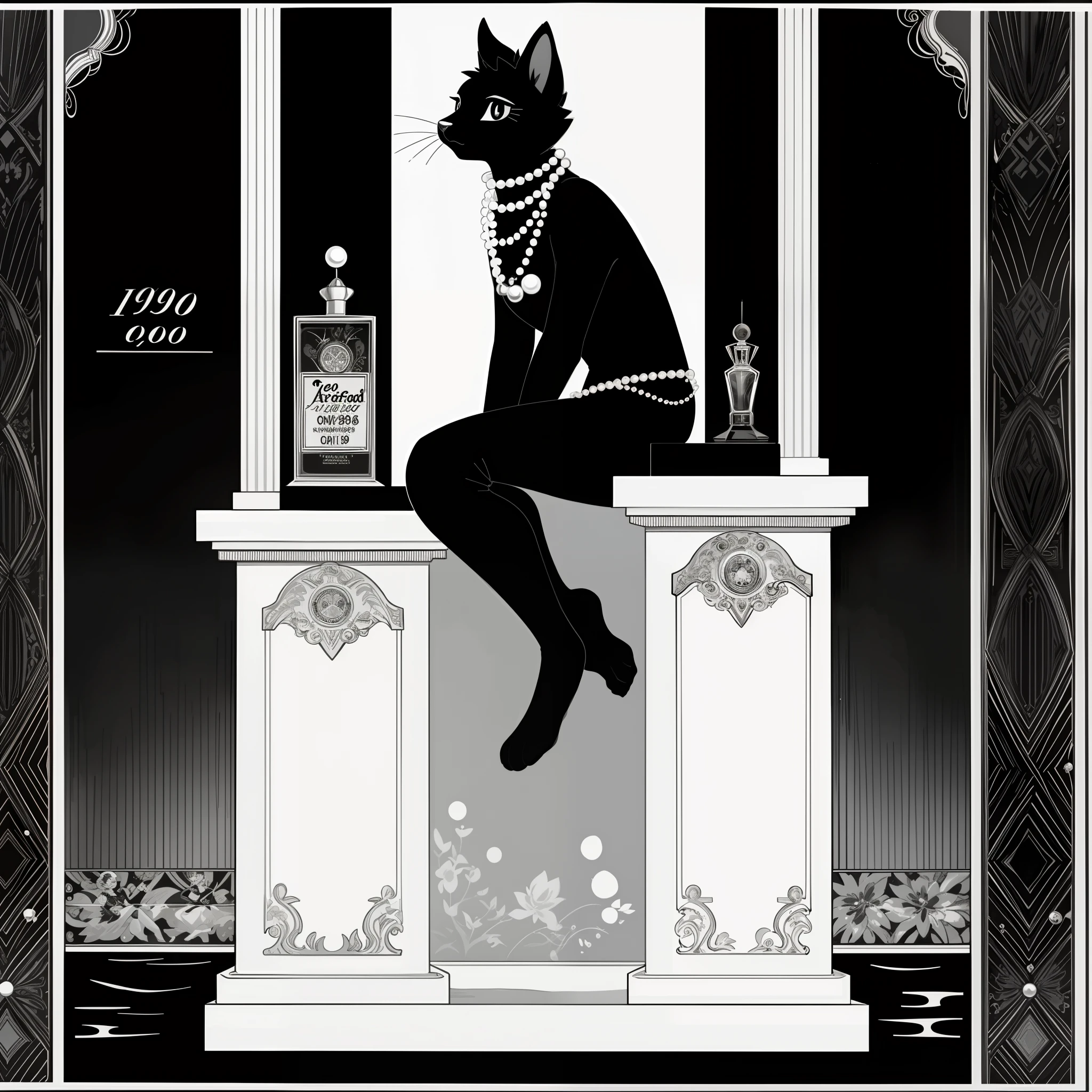 vector art, monochrome, black and white, arafed black cat sitting on a pedestal with a pearl necklace, elegant cat, 1920s advert, 1960s advertisement, luxury advertisement, magazine advertisement, 1960s perfume bottle ads,